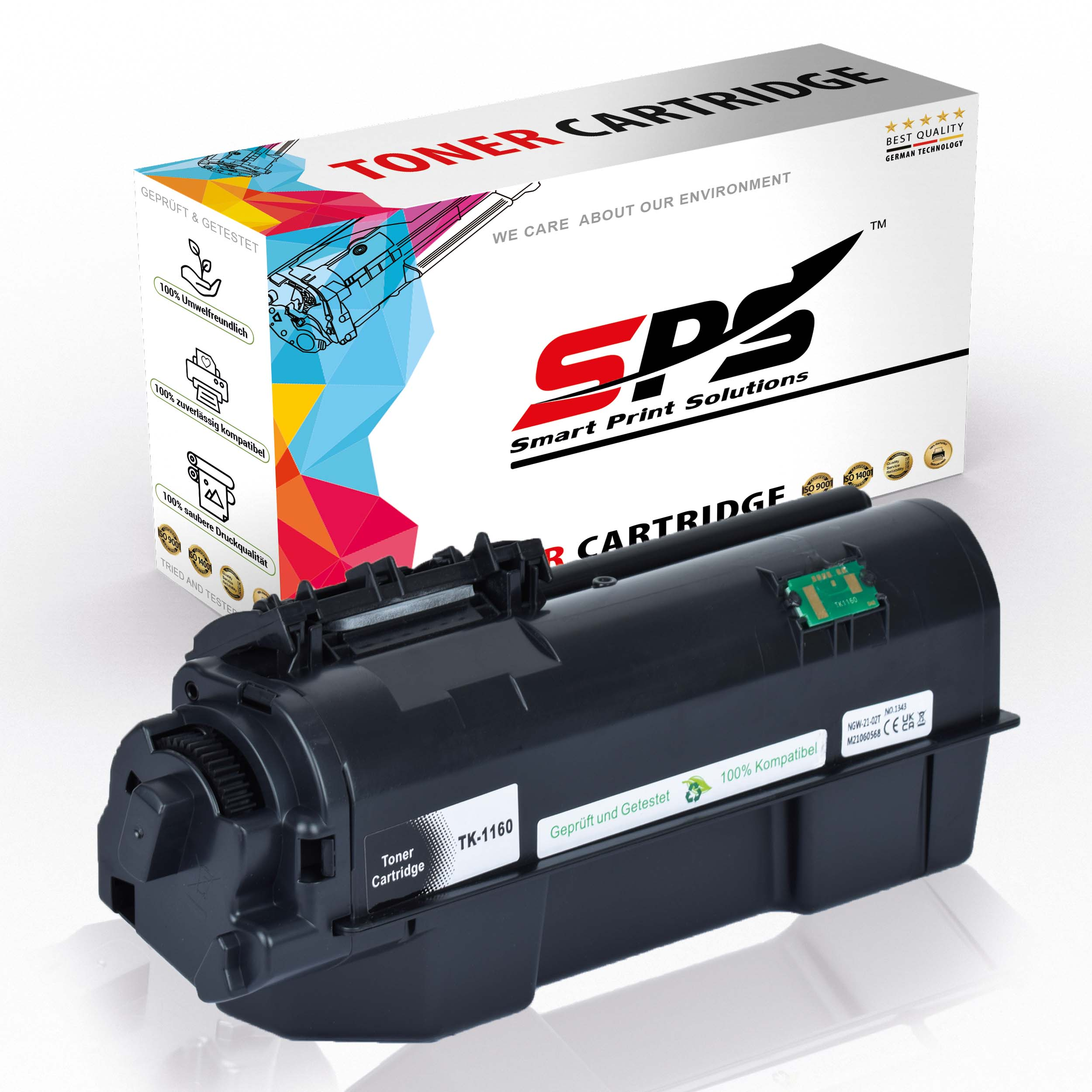 Schwarze Tonerkartusche mit einer weißen Box mit der Aufschrift 'Toner Cartridge' und 'TK-1160'.