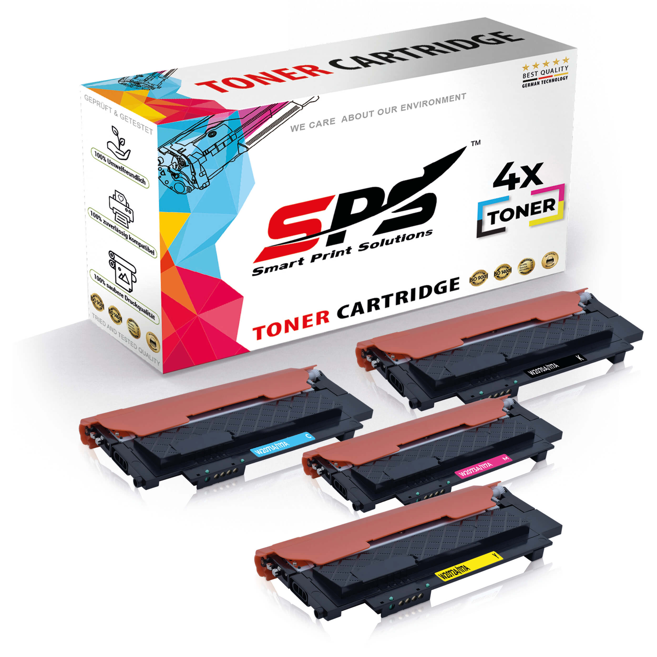 Vier Tonerkartuschen in verschiedenen Farben. Marke ist SPS Smart Print Solutions. Box im Hintergrund.