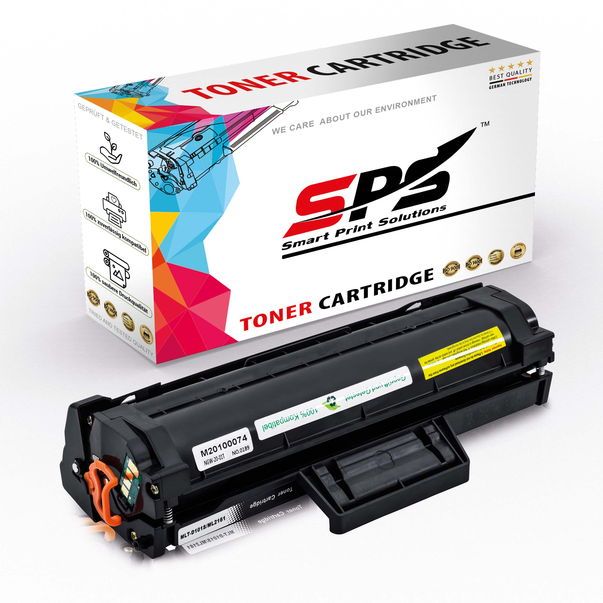 Schwarze Tonerkartusche mit orangefarbenen Akzenten vor einer Box 'Toner Cartridge'.