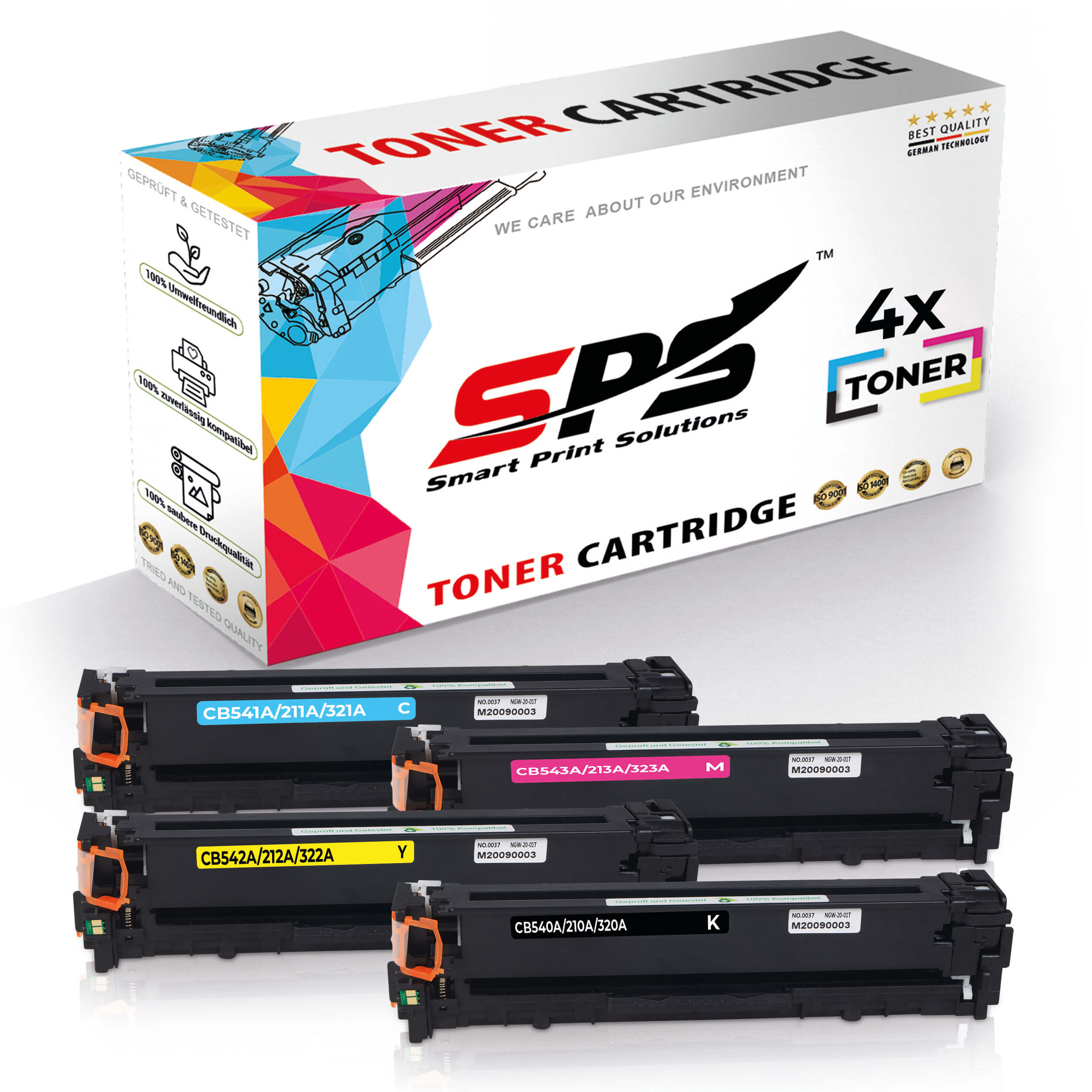 Tonerkartuschen in verschiedenen Farben und eine Box mit der Aufschrift 'Toner Cartridge' und 'Smart Print Solutions'.