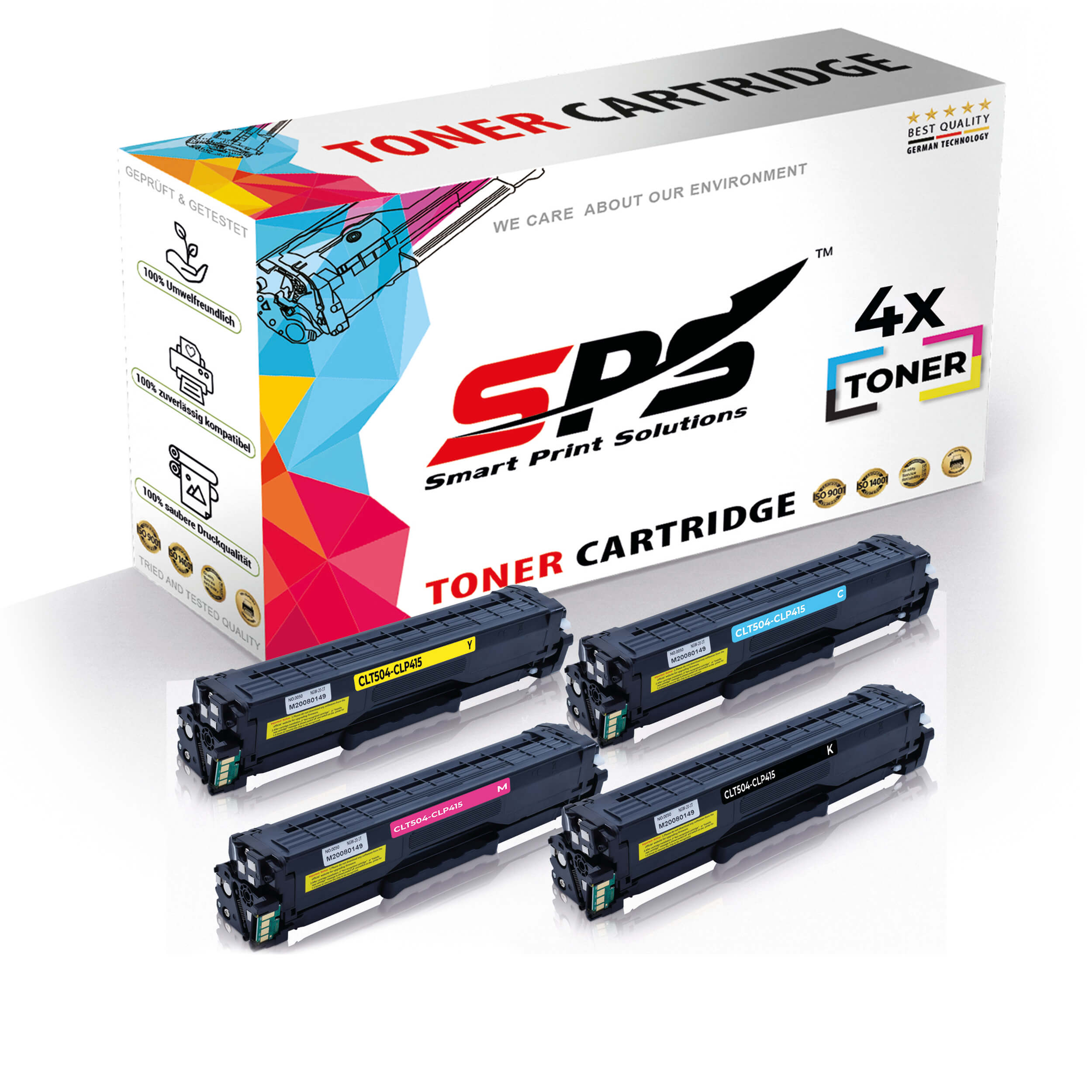 Vier Tonerkartuschen befinden sich vor einer Box mit der Marke 'SPS'.