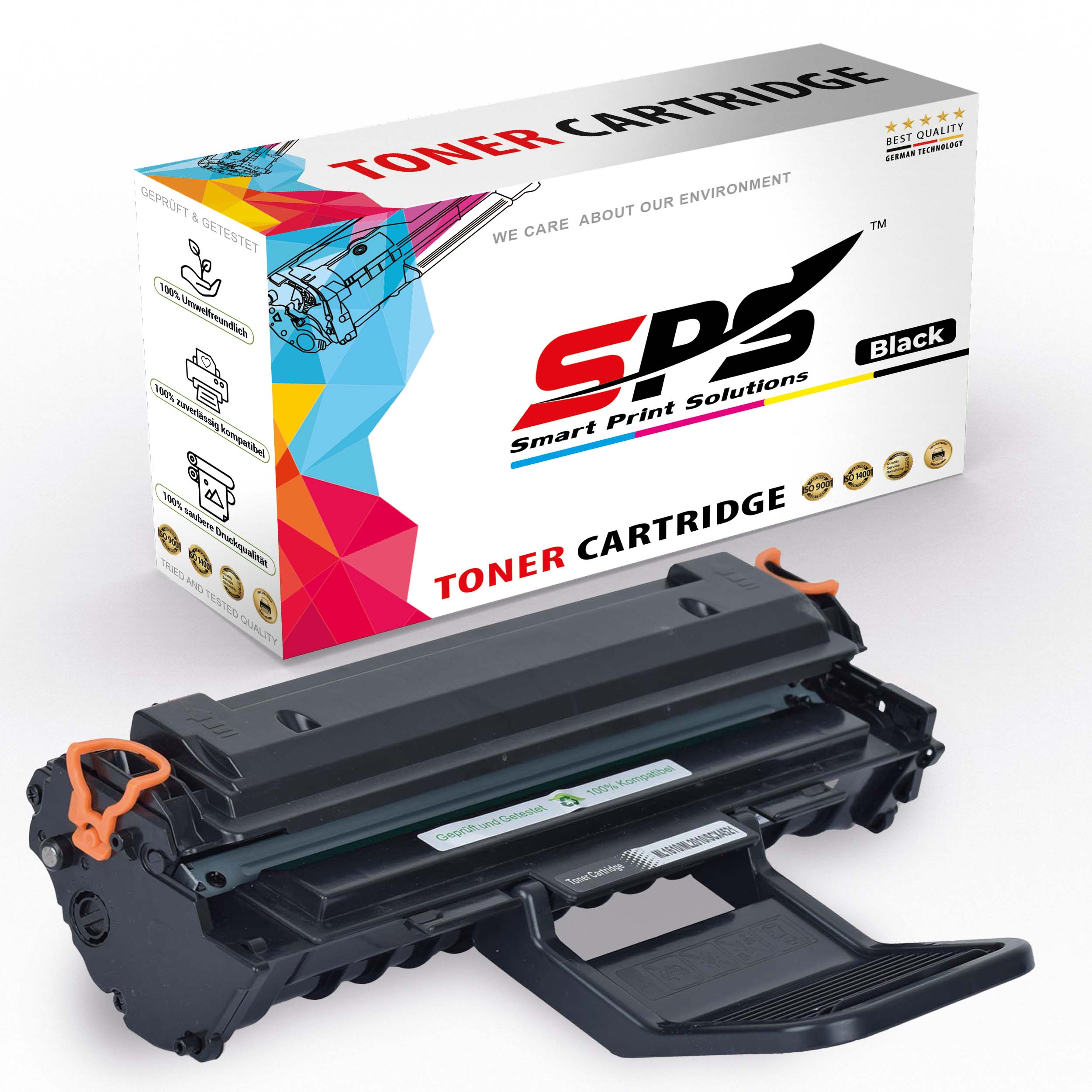Eine schwarze Tonerkartusche mit ihrer Box, auf der 'Toner Cartridge' und 'Black' stehen.