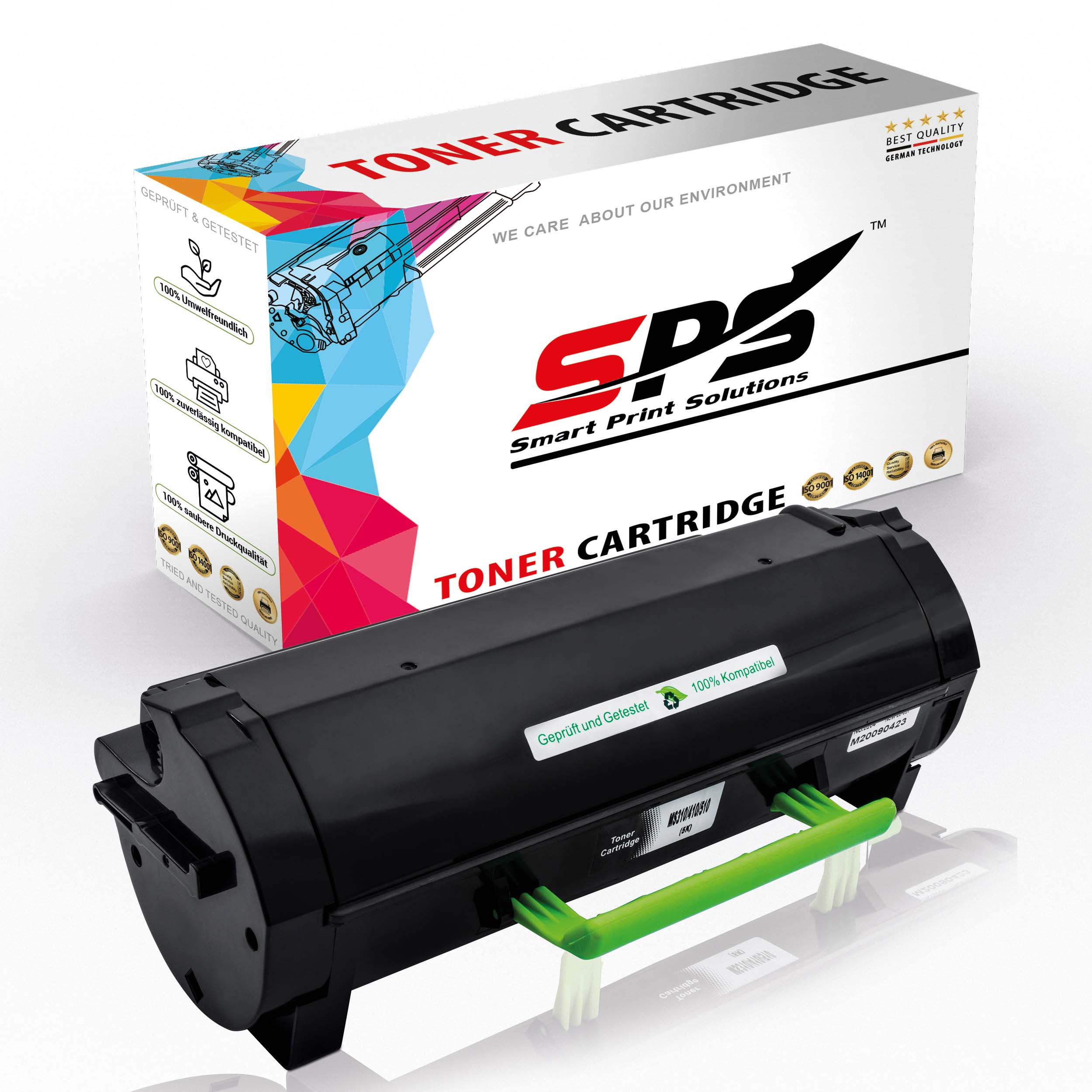 Tonerpatrone. Schwarze Patrone mit grünem Griff. Karton mit Text 'Toner Cartridge' und Logo.