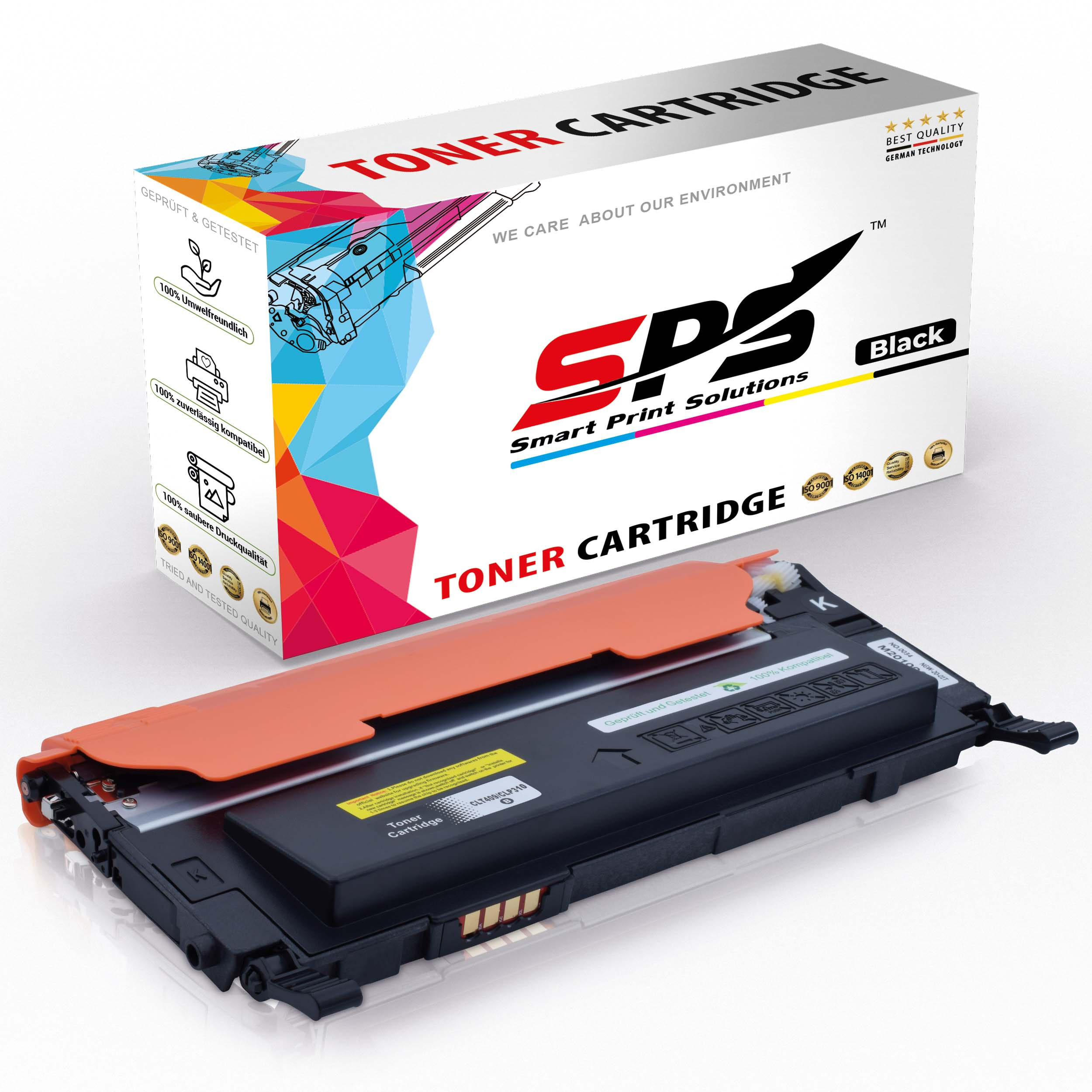 Schwarze Tonerkartusche und eine Box mit der Aufschrift 'Toner Cartridge' und 'Smart Print Solutions'.