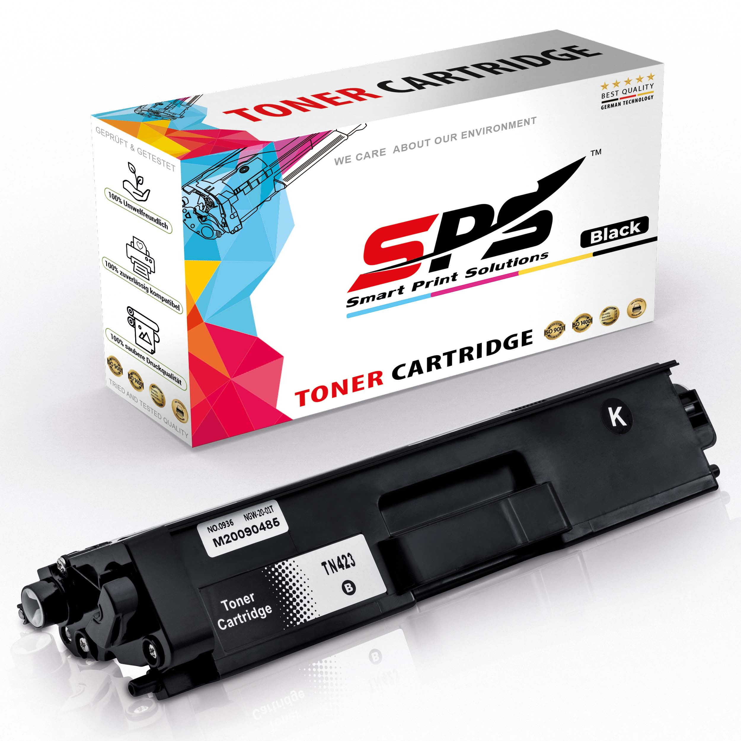 Schwarze Tonerkartusche in einer Schachtel. Auf der Schachtel steht 'TONER CARTRIDGE' und 'SPS'. Schwarze Patrone.