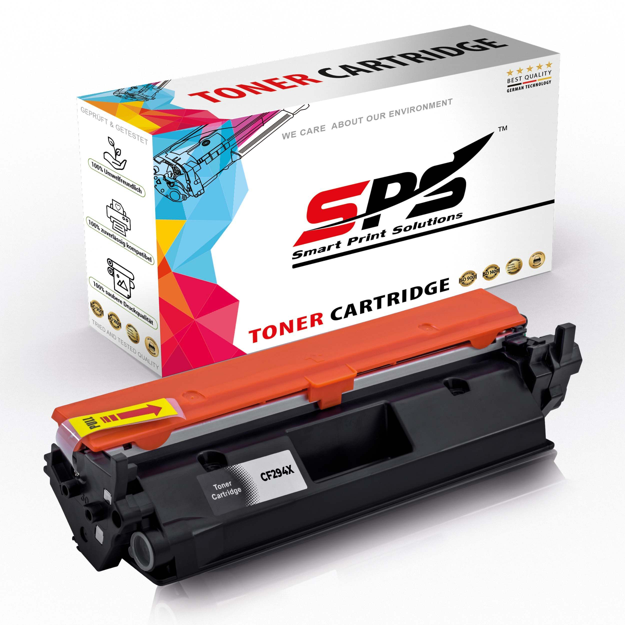 Tonerpatronenbox und -patrone. Die Patrone ist schwarz und orange. Auf der Box steht 'Toner Cartridge'.