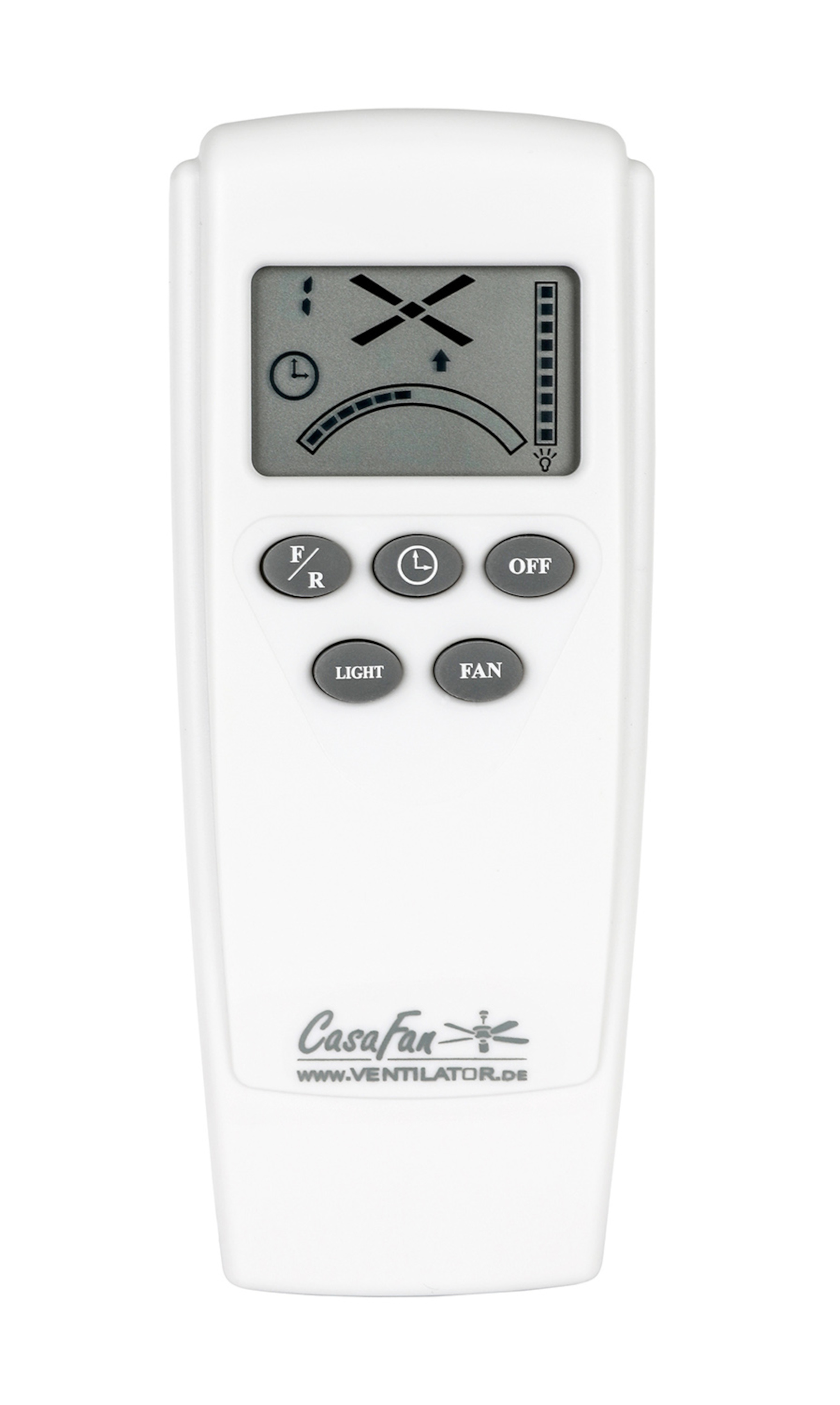 Weiße Fernbedienung mit Bildschirm und Tasten für einen CasaFan-Ventilator.