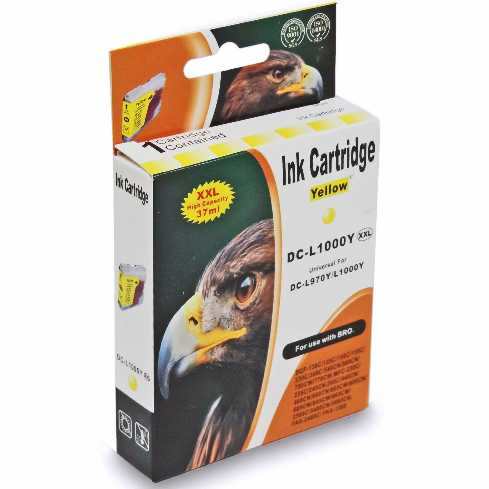 Schachtel mit einem Adlerbild. Im Inneren befindet sich eine gelbe Tintenpatrone. Text sagt 'Ink Cartridge' und '37ml'.
