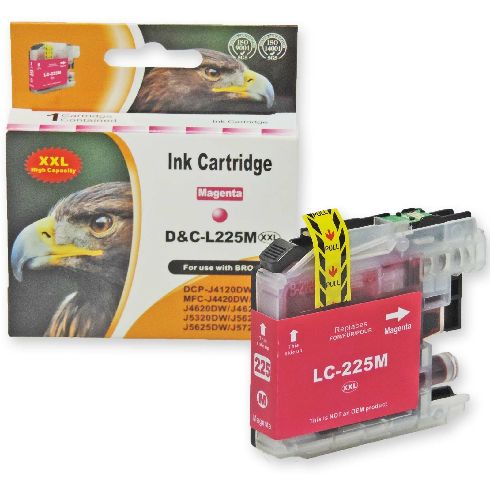 Eine magenta Tintenpatrone und eine Box mit einem Habichtbild.