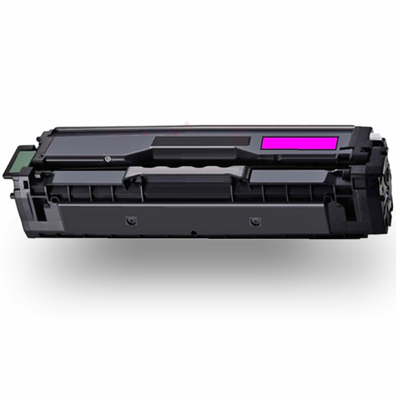 Schwarze Tonerkartusche. Die Kartusche hat eine magenta-farbene Komponente.