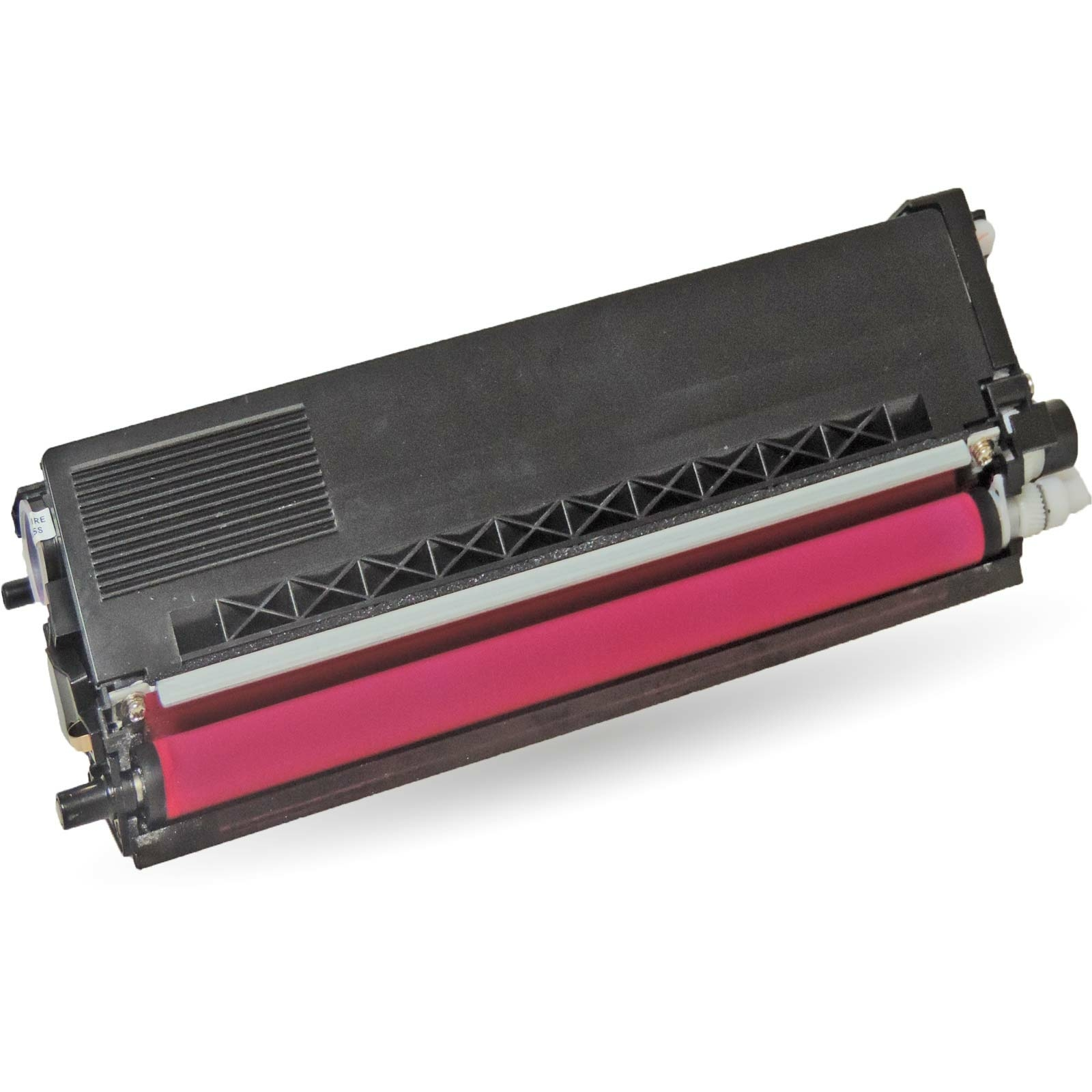 Eine schwarze Tonerkartusche mit pinkfarbener Rolle innen, weißer Hintergrund.