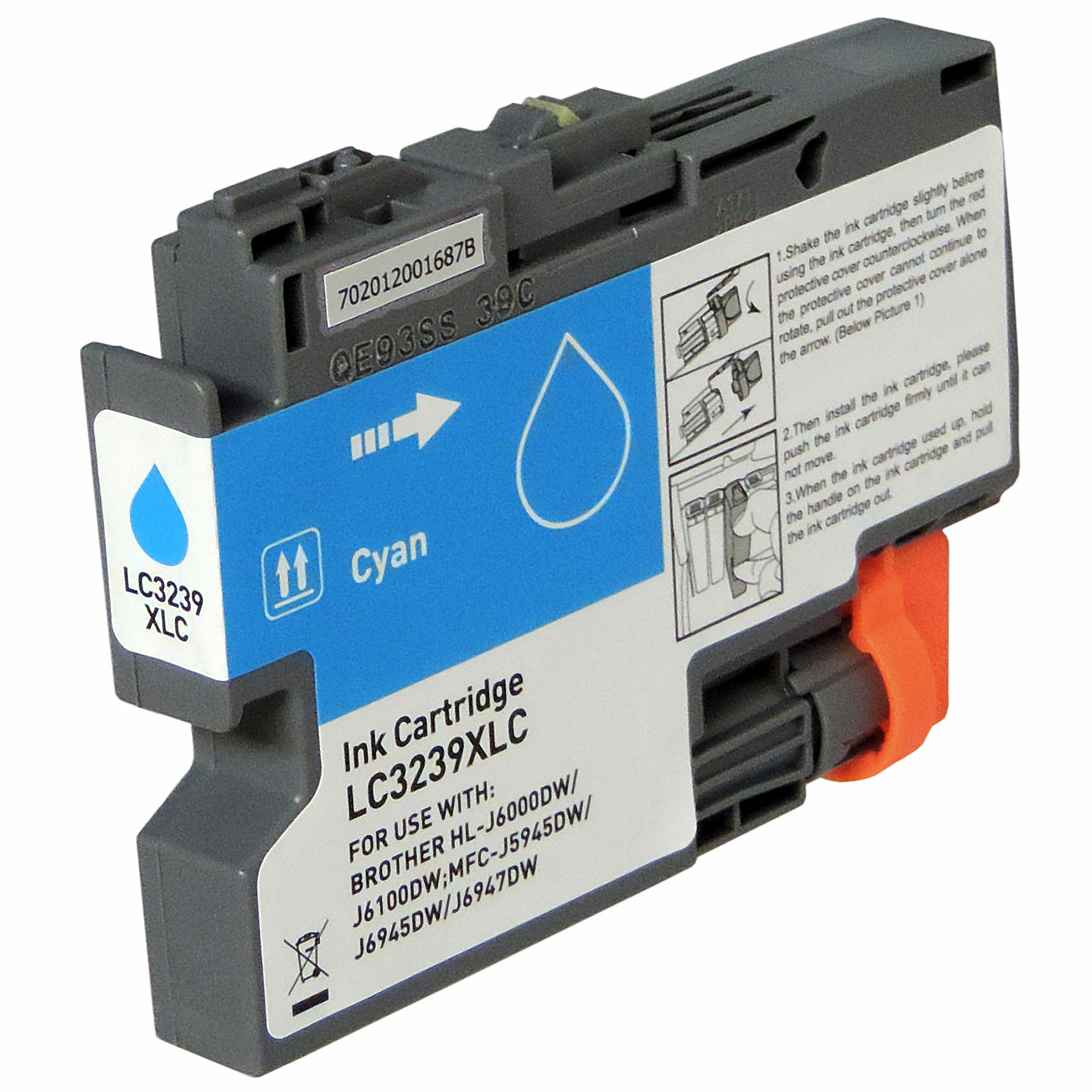 Cyan-Tintenpatrone. Etikett mit Text, einem cyanfarbenen Tropfen und Zahlen. Die Patrone ist grau und cyanfarben.