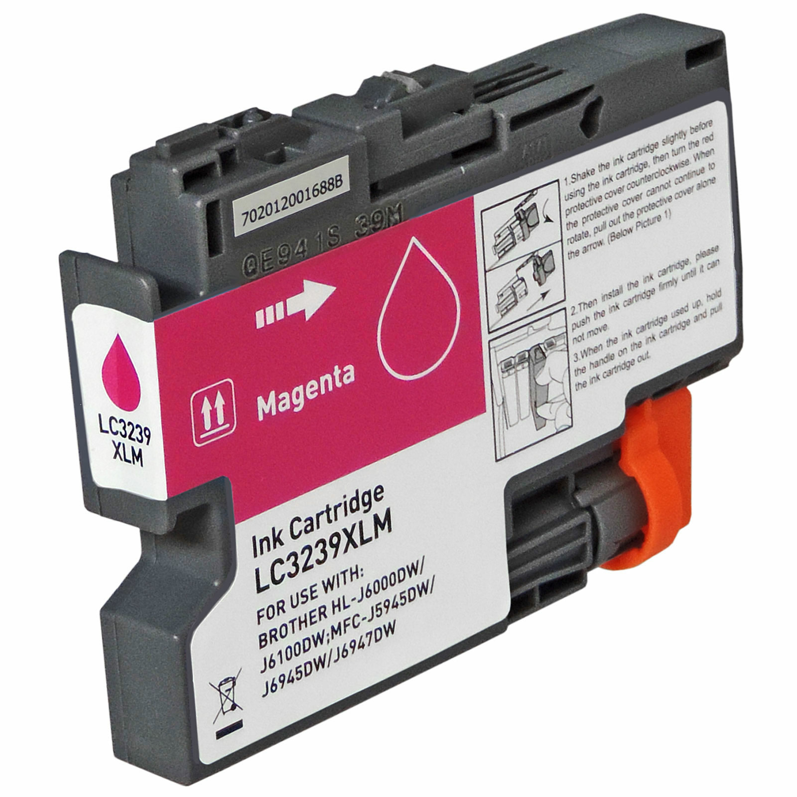 Magenta-Tintenpatrone mit Anweisungen. Die Patrone ist grau mit rosa Text.