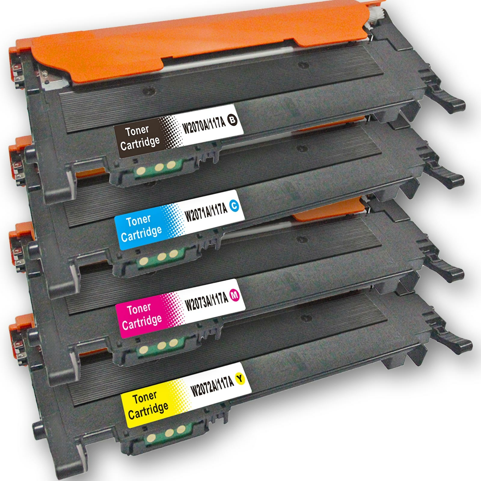 Ein Stapel Tonerkartuschen mit farbigen Etiketten und orangefarbenen Deckeln.