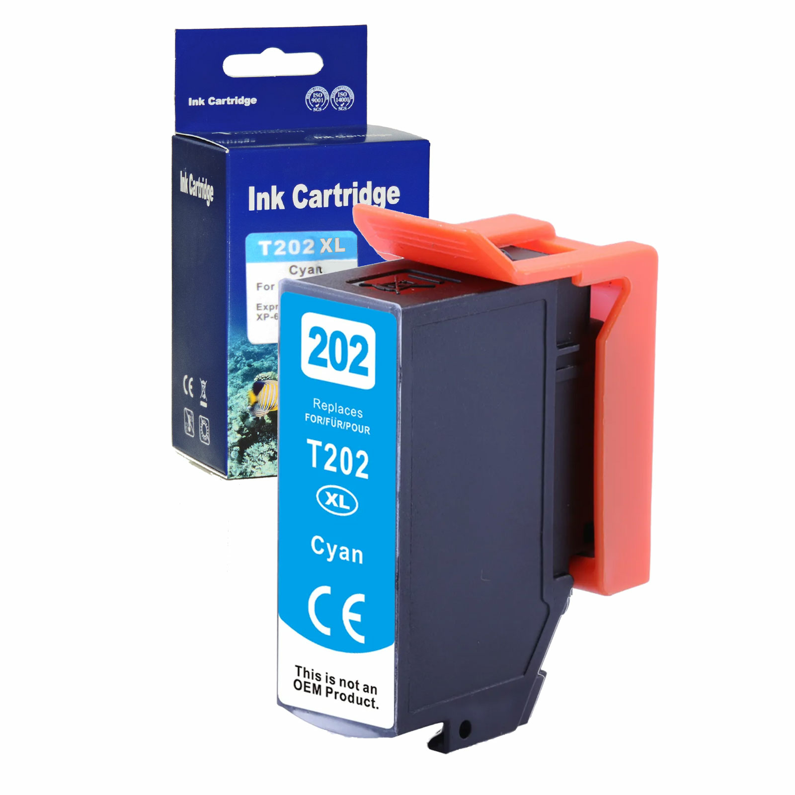 Zyan-Tintenpatrone und ihre Box. Die Patrone ist zyan und schwarz, mit einem orangefarbenen Hebel.