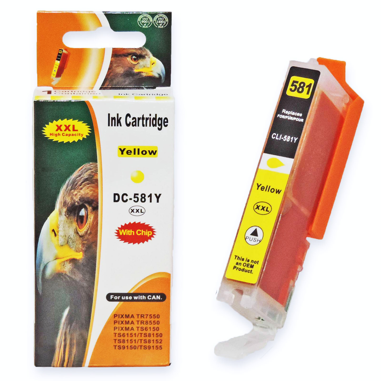 Tintenpatronenbox, gelbe Tintenpatrone. Die Box hat einen Adler, daneben eine gelbe Tintenpatrone. Die Patrone ist gelb und orange.