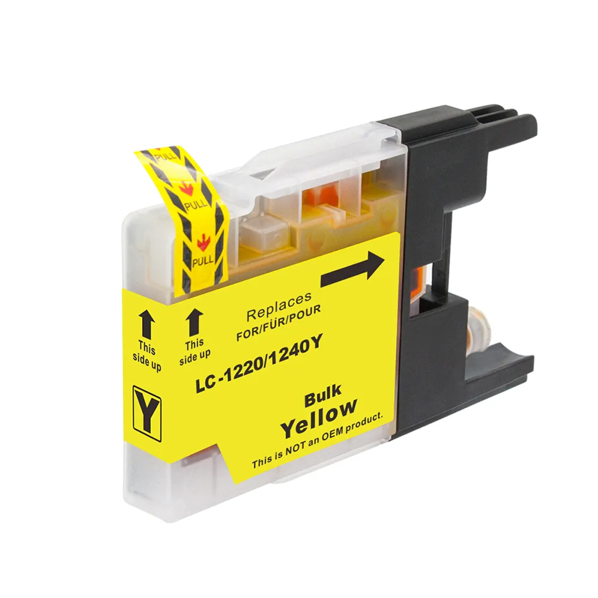 Gelbe Tintenpatrone mit schwarzem Oberteil. Sie hat ein gelbes Etikett mit schwarzen Pfeilen und dem Text: LC-1220/1240Y.
