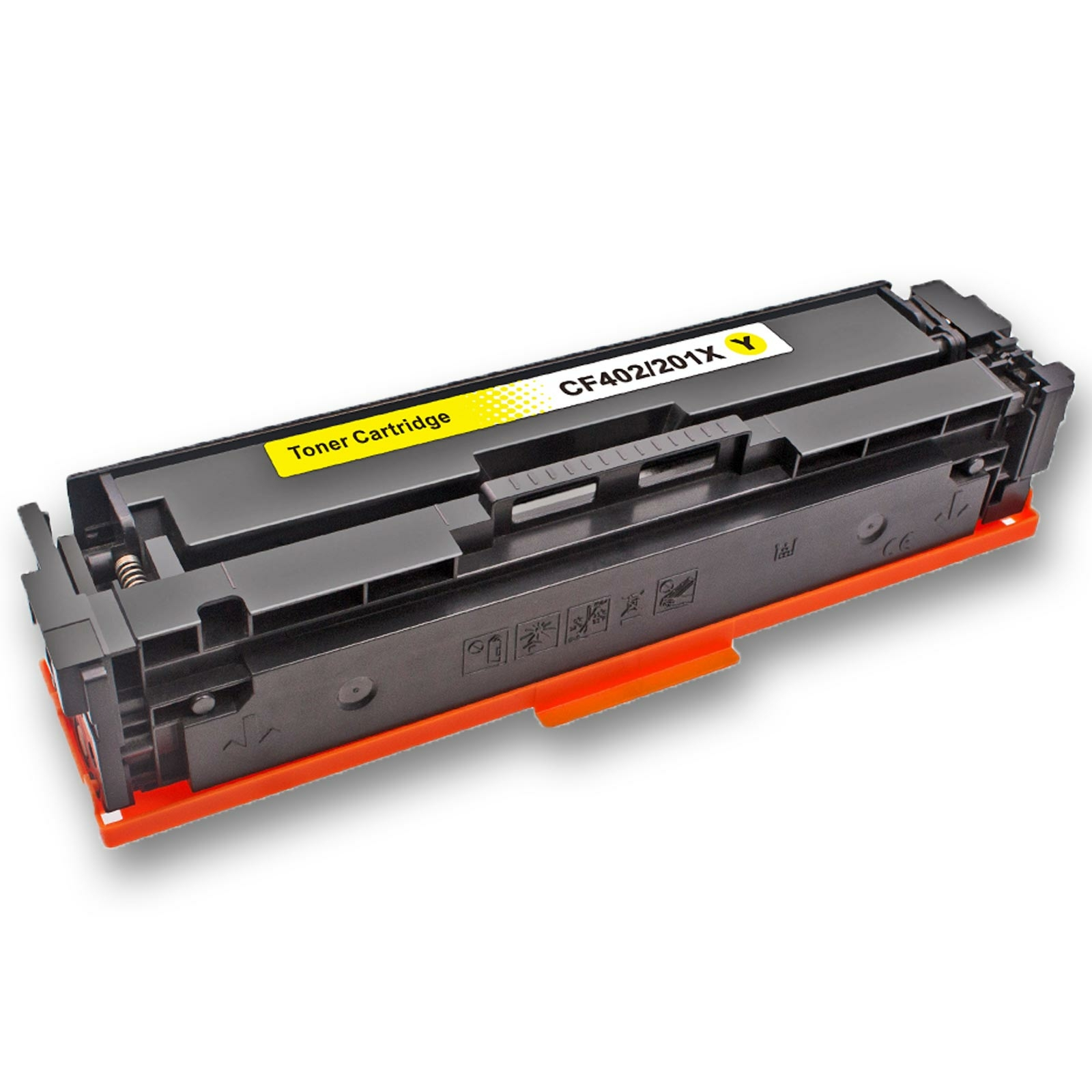 Gelbe Tonerkartusche. Schwarzer Körper mit gelbem Etikett. Orangefarbene Akzente. 'CF402/201X Y' steht auf dem Etikett.