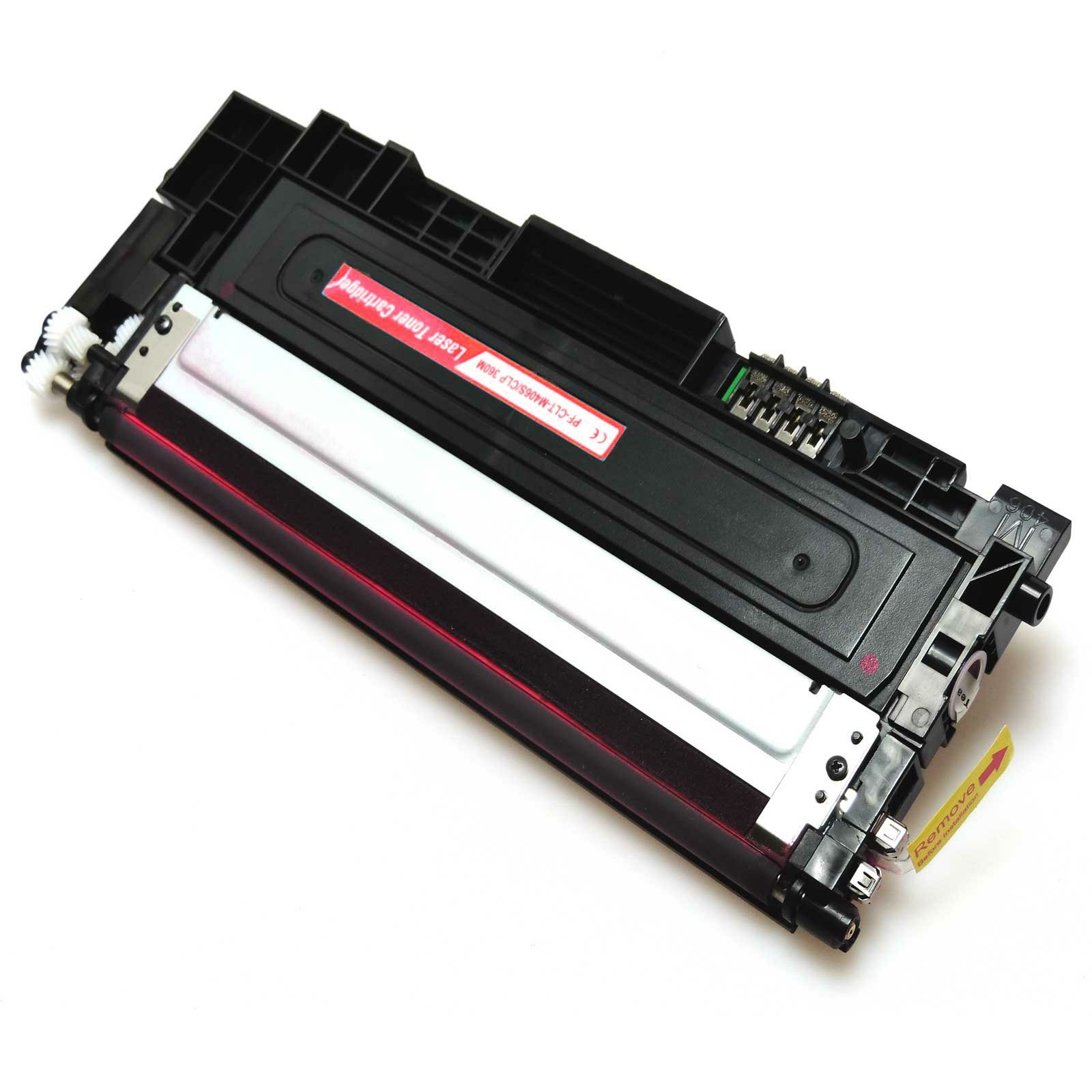 Lasertoner-Kartusche. Schwarz-rote Kartusche. Weißer Hintergrund.