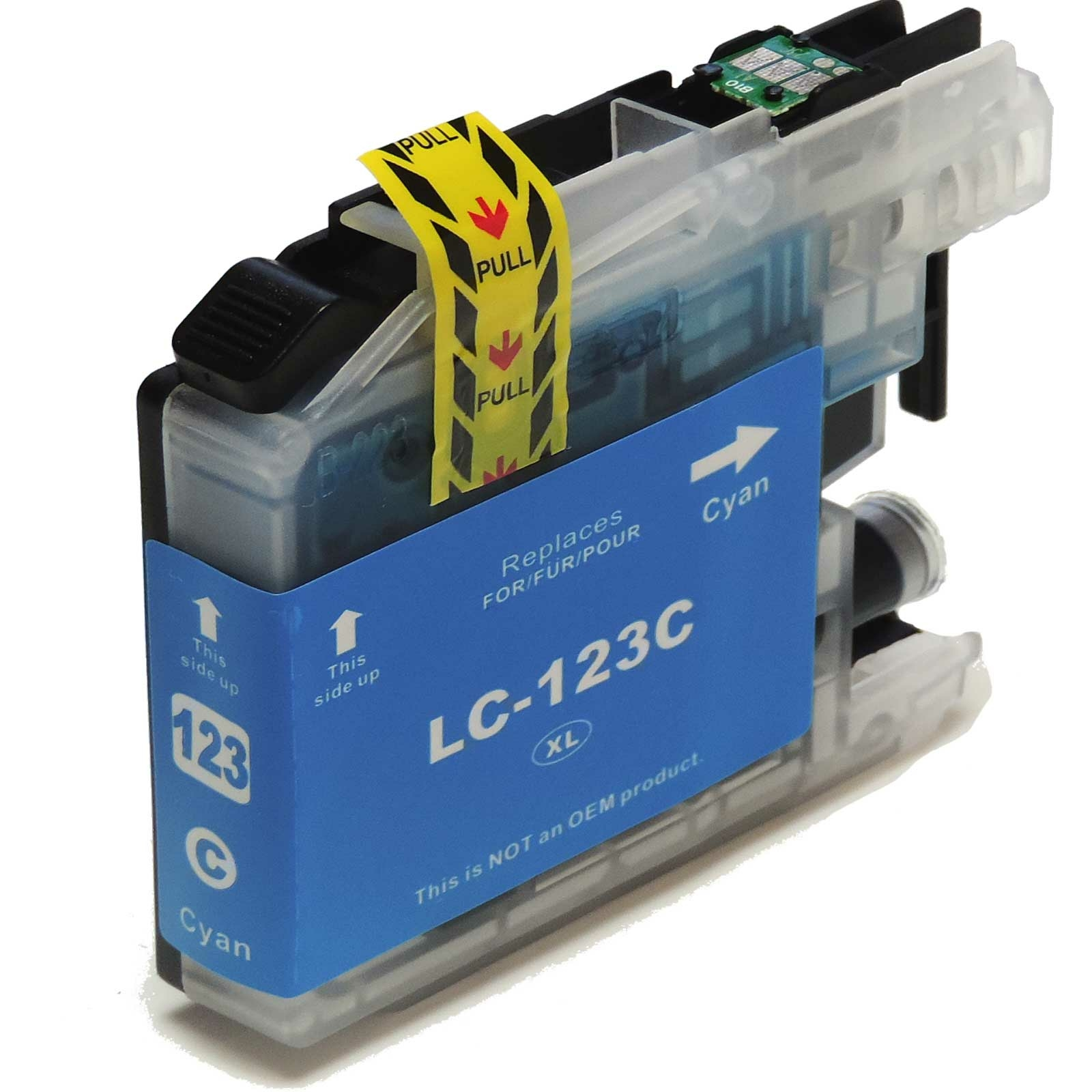 Cyanfarbene Tintenpatrone mit blauem Etikett mit der Aufschrift 'LC-123C'.