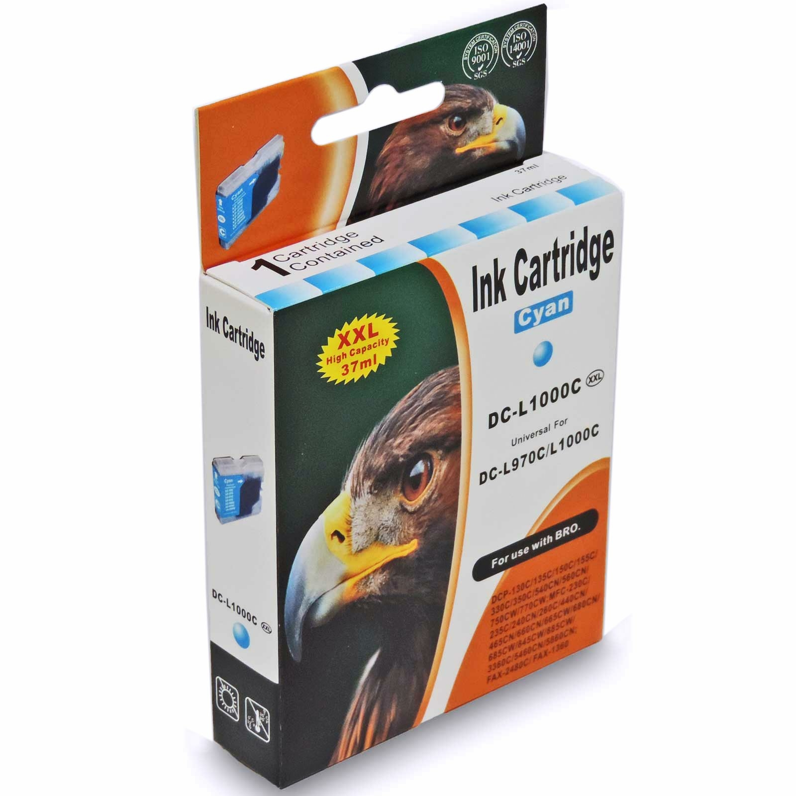 Cyan-Tintenpatronenbox mit Adlergrafik, beschriftet mit 'Ink Cartridge' und 'Cyan'. Weißer Hintergrund.