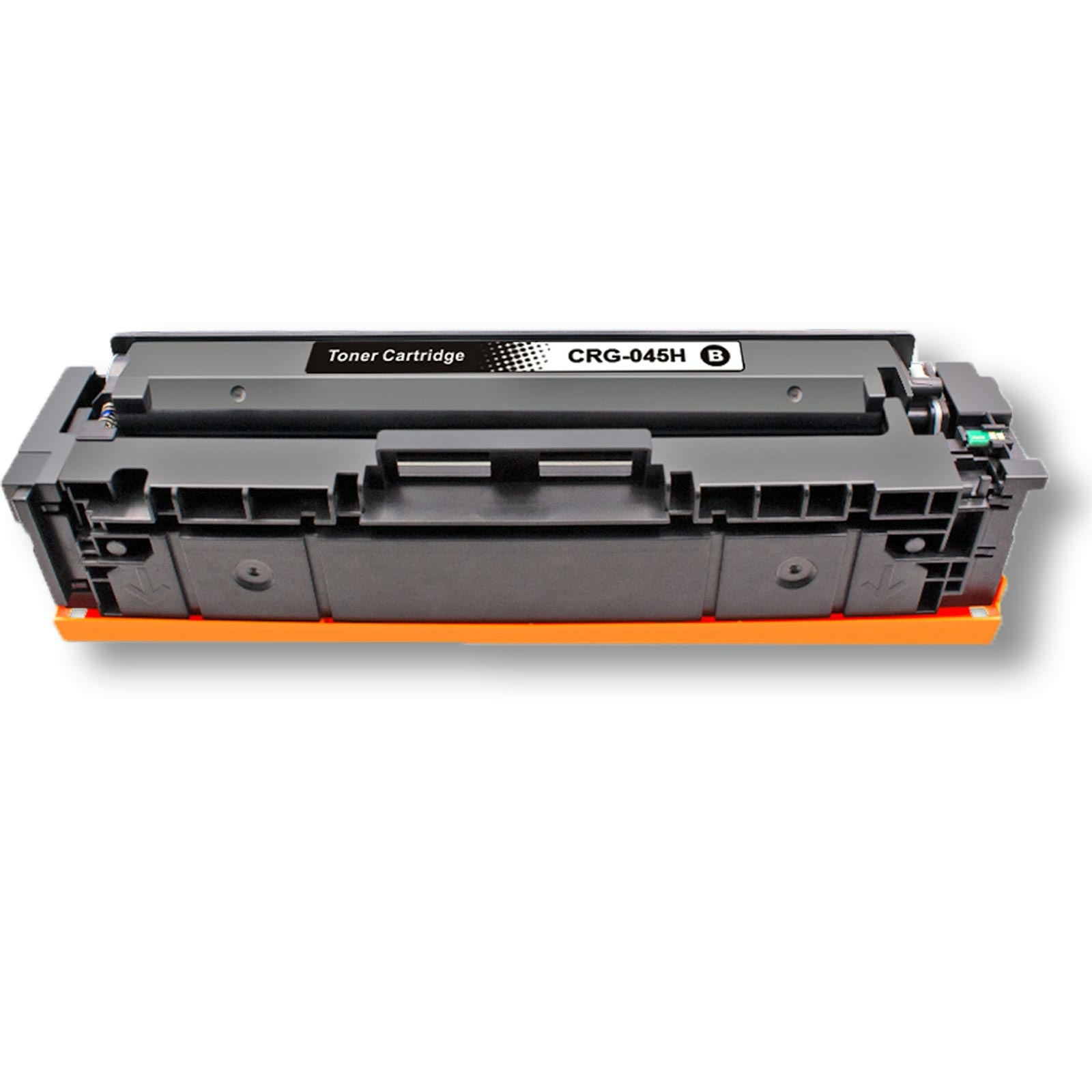 Tonerpatrone, schwarz und grau, mit orangefarbenem Element am Boden, weißer Hintergrund.
