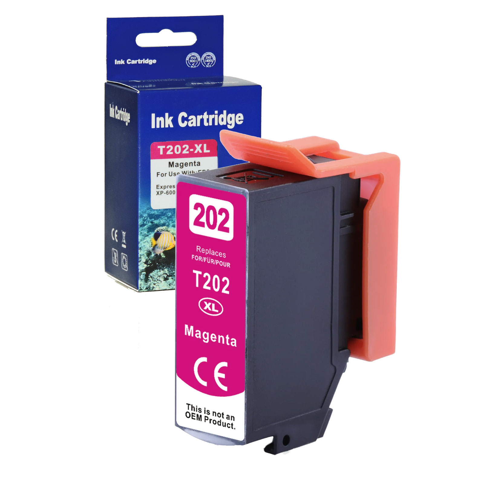 Magentafarbene Tintenpatrone mit Box. Die Patrone ist pink, die Box ist blau mit einem Fischbild.