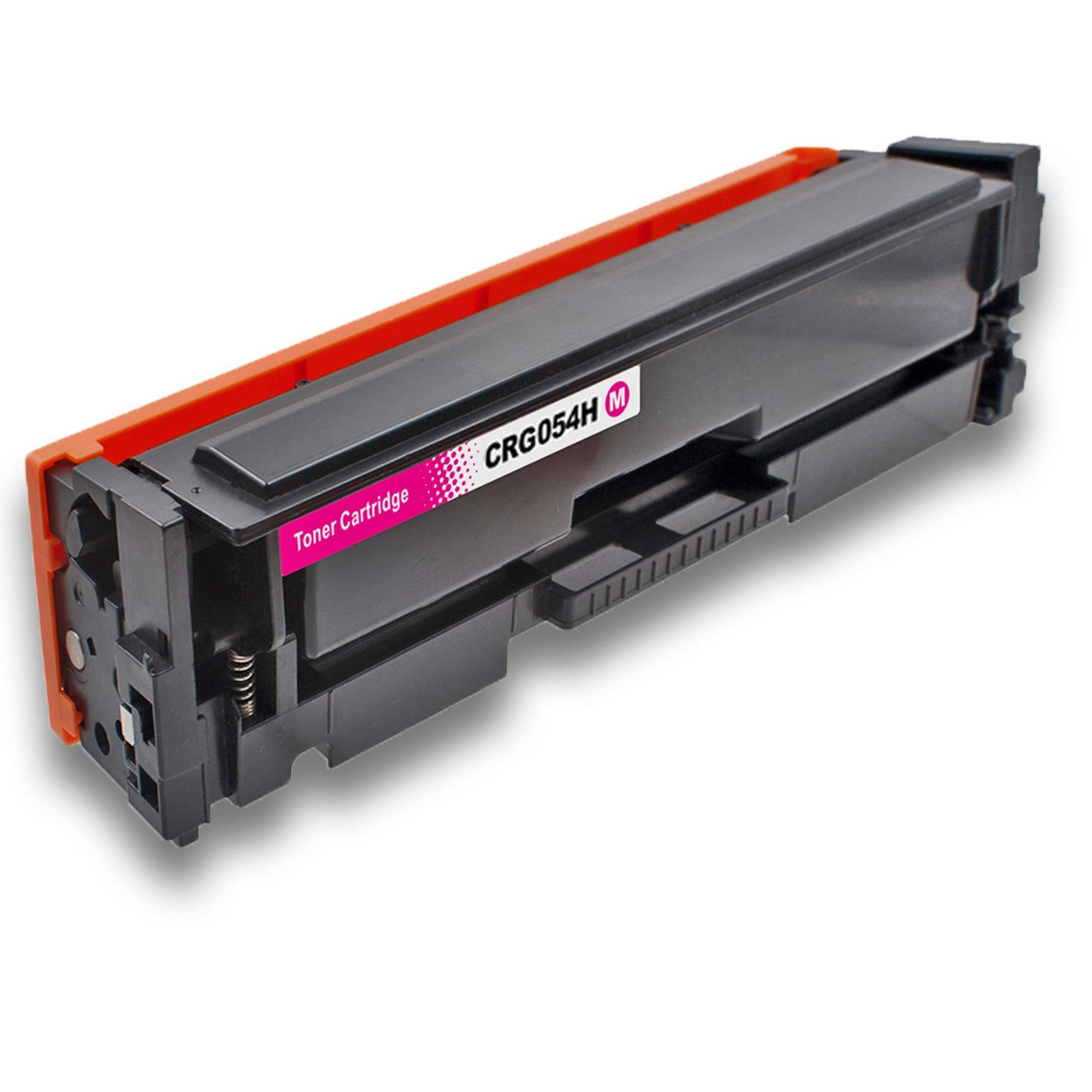 Tonerpatrone. Schwarz und orange. CRG054H-Etikett. Rosa-weißer Aufkleber.