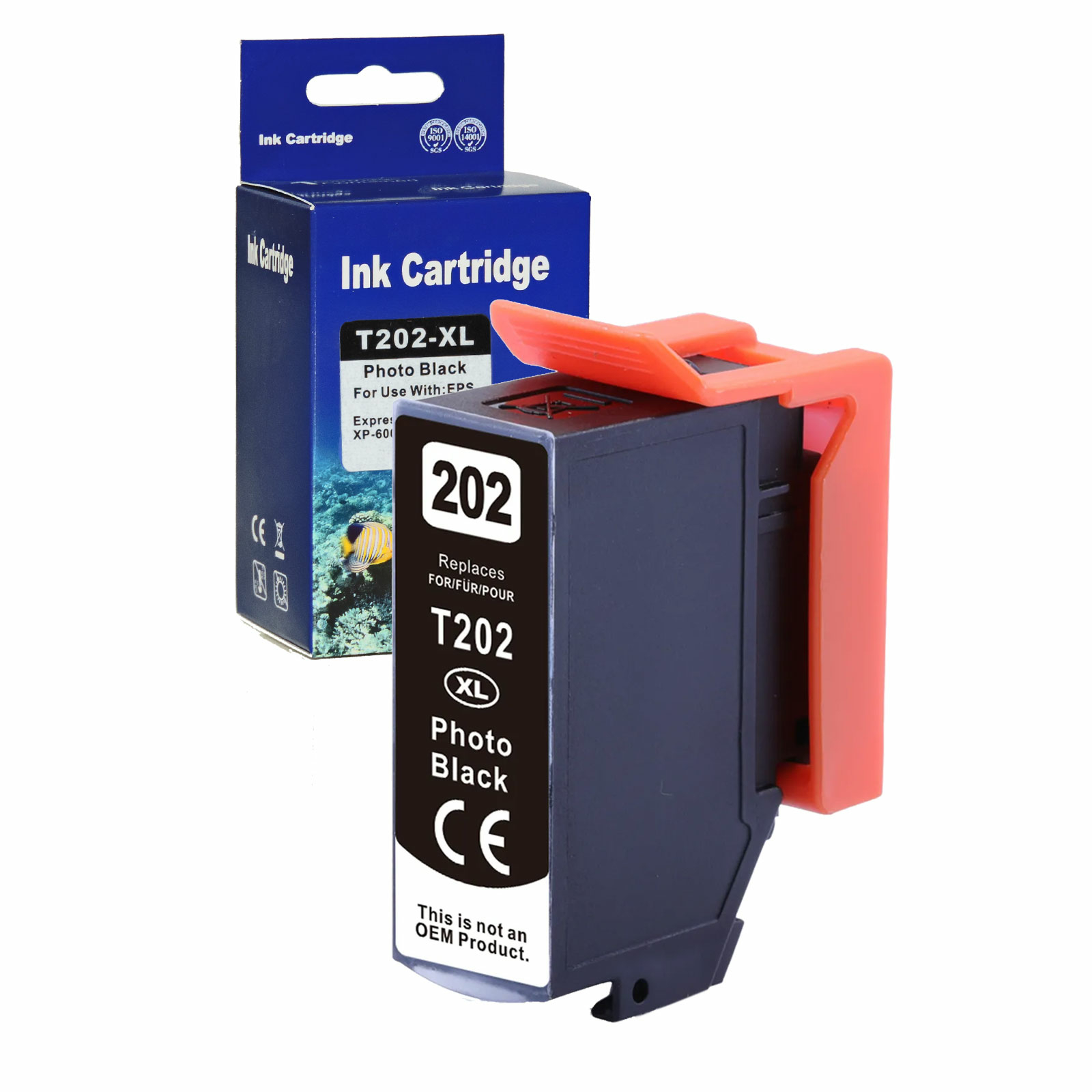 Tintenpatrone mit einer Box. Die Patrone ist schwarz und orange.