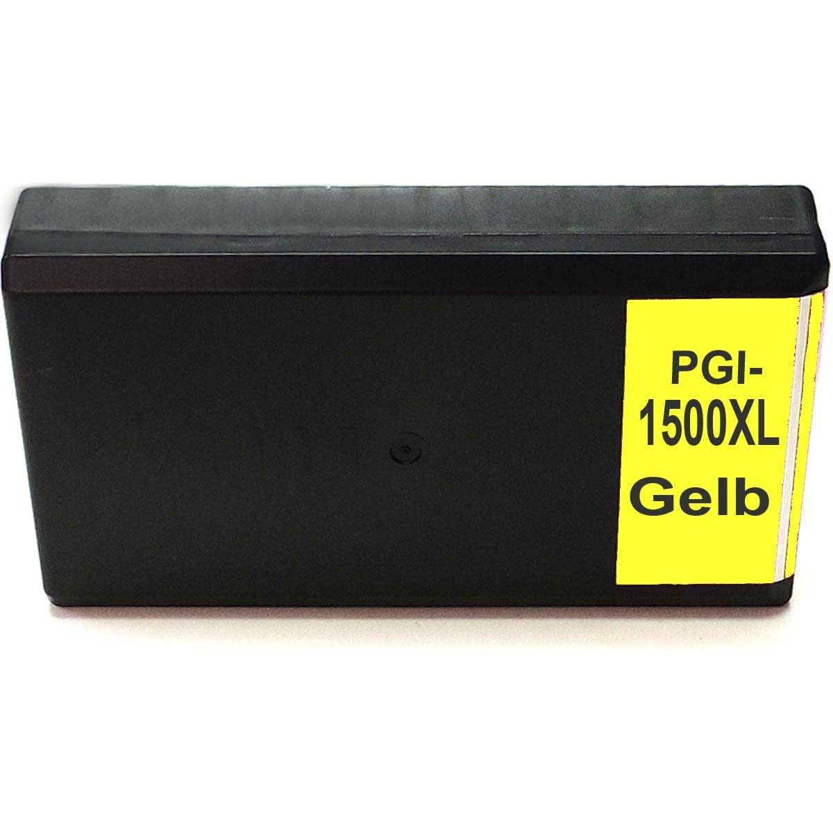 Schwarze Tintenpatrone mit gelbem Etikett 'PGI-1500XL Gelb'.