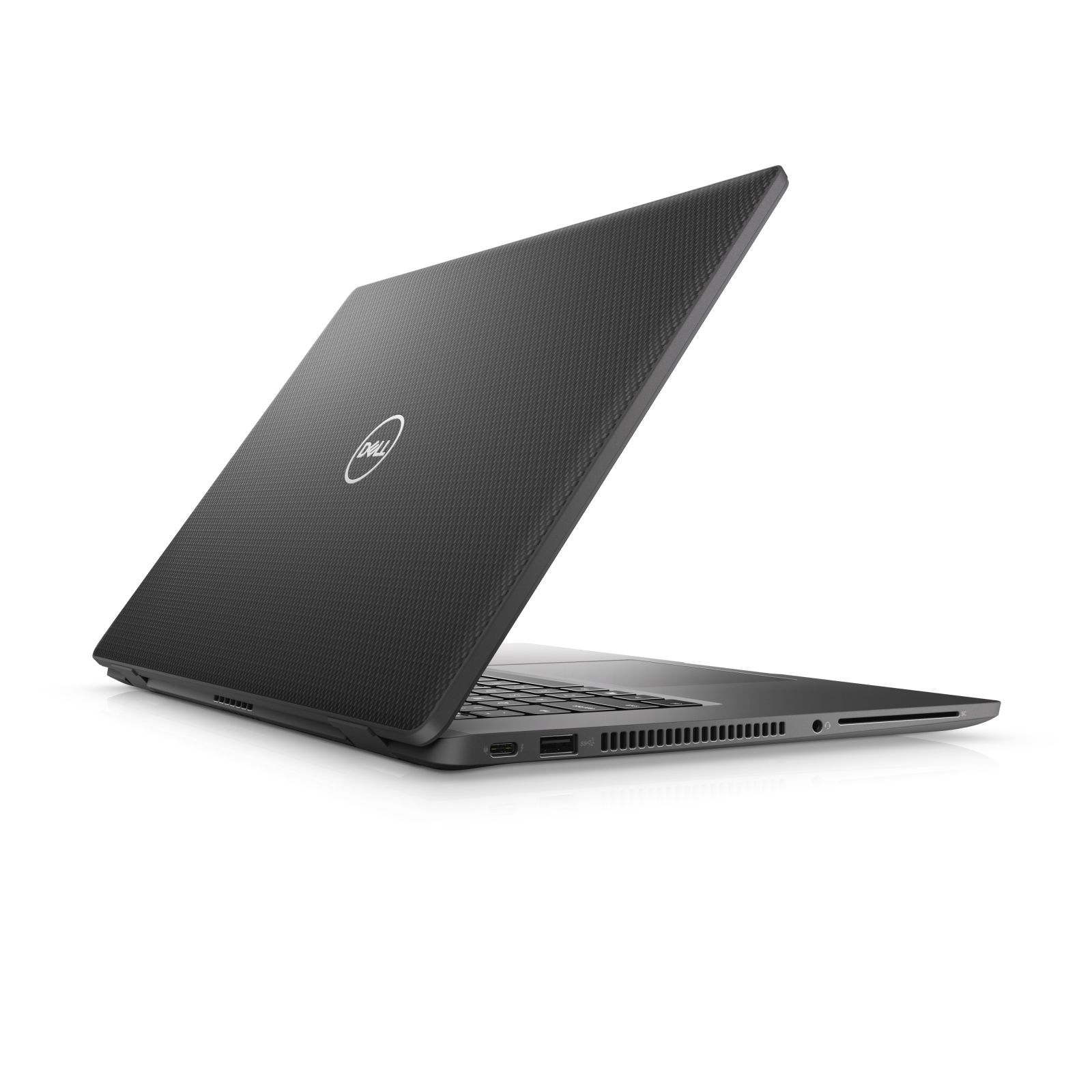 Un laptop Dell nero, leggermente aperto su sfondo bianco. Il logo Dell è visibile.