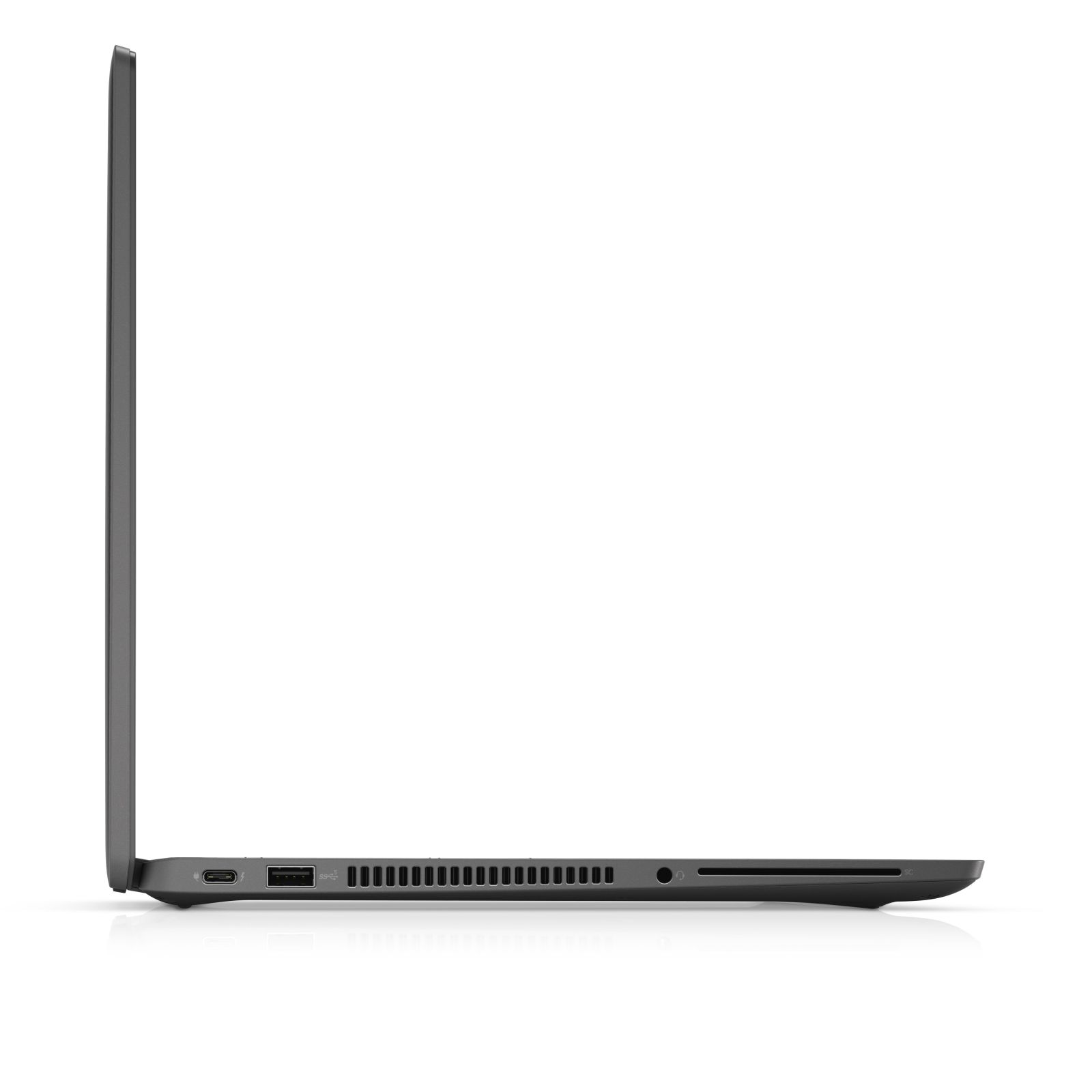Vista laterale di un laptop nero con porte. Sfondo bianco.