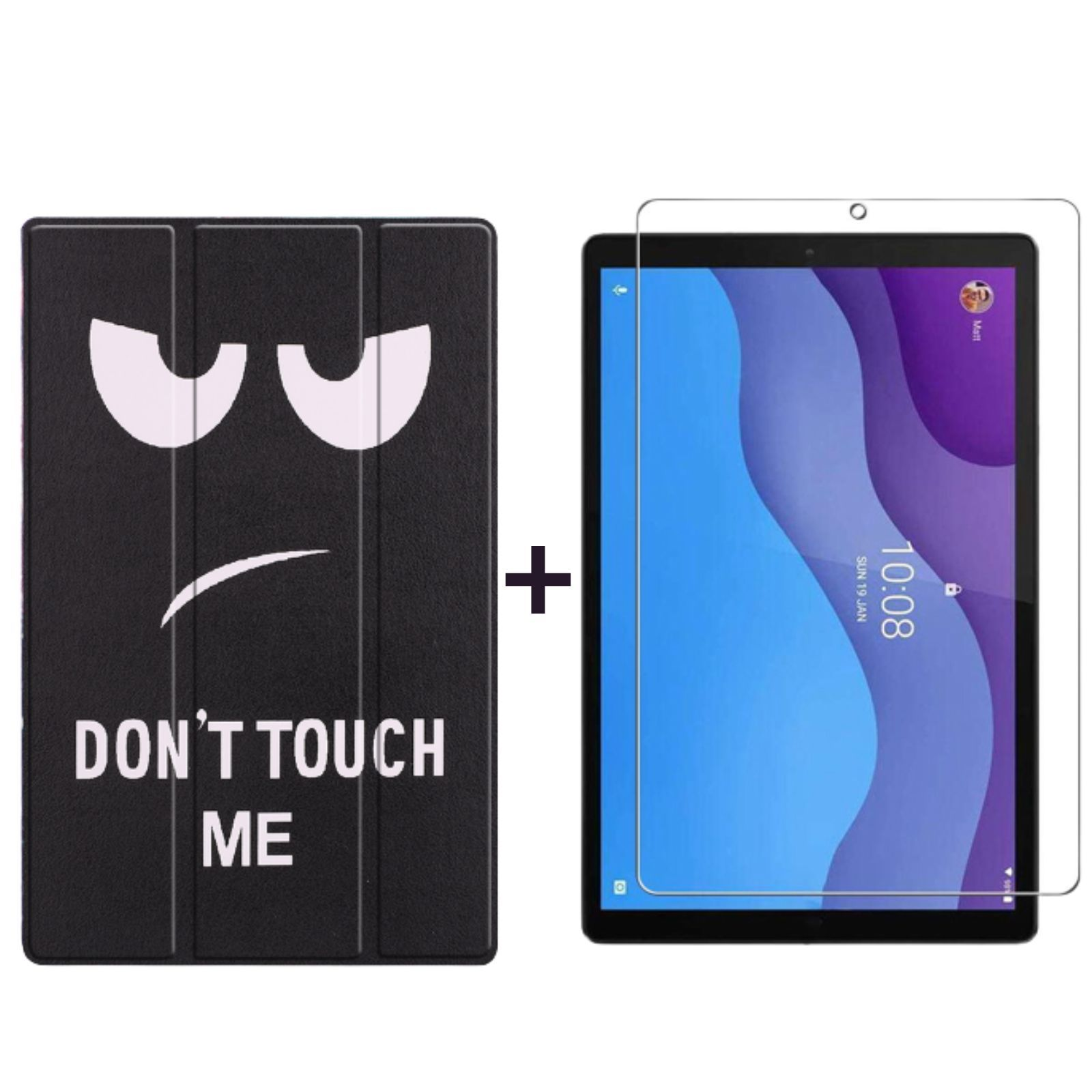 Tablet mit Displayschutzfolie und schwarzer Hülle mit Gesicht und Text 'DON'T TOUCH ME'.