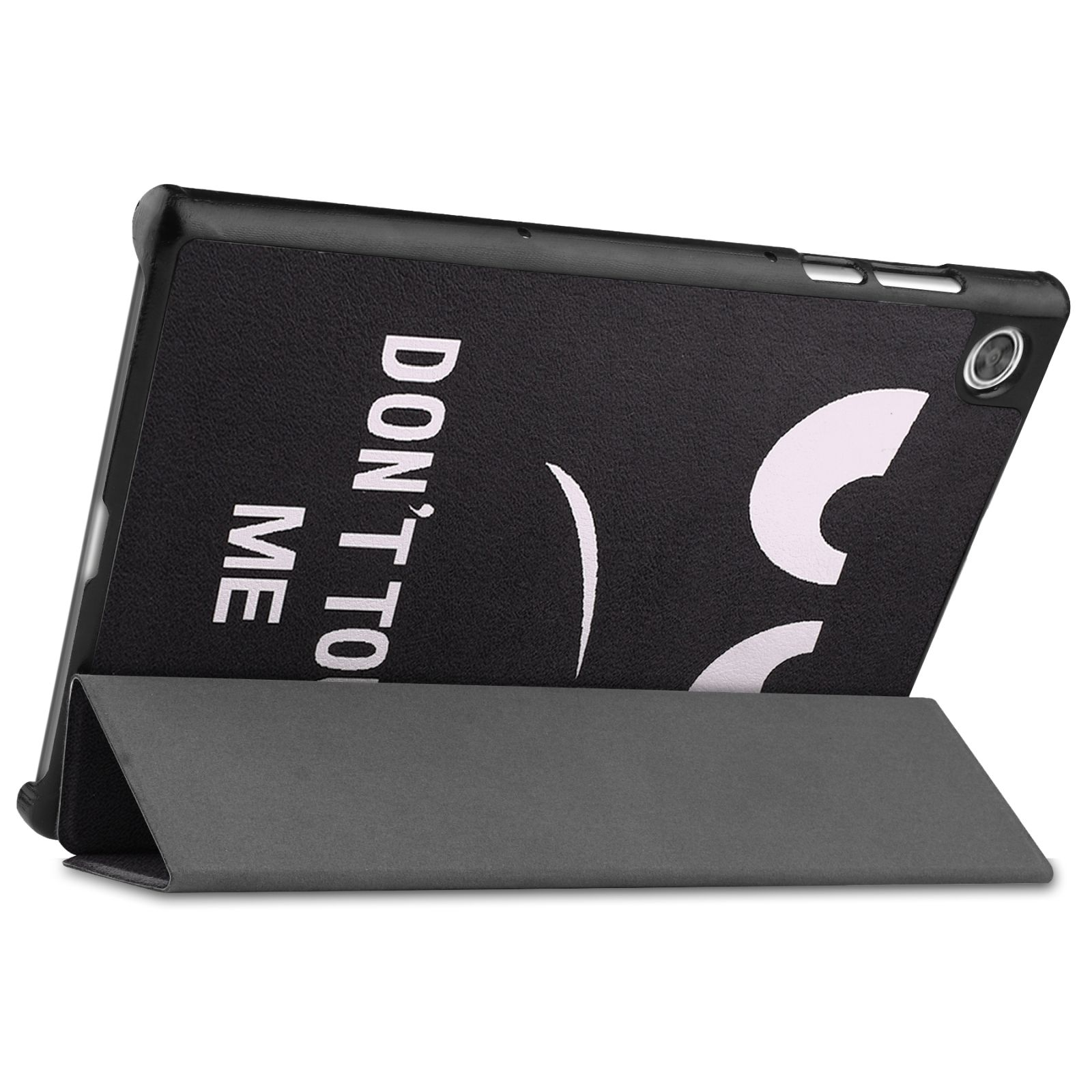Tablet in schwarzem Gehäuse mit dem Text 'DON'T TOUCH ME'. Dunkler Hintergrund.