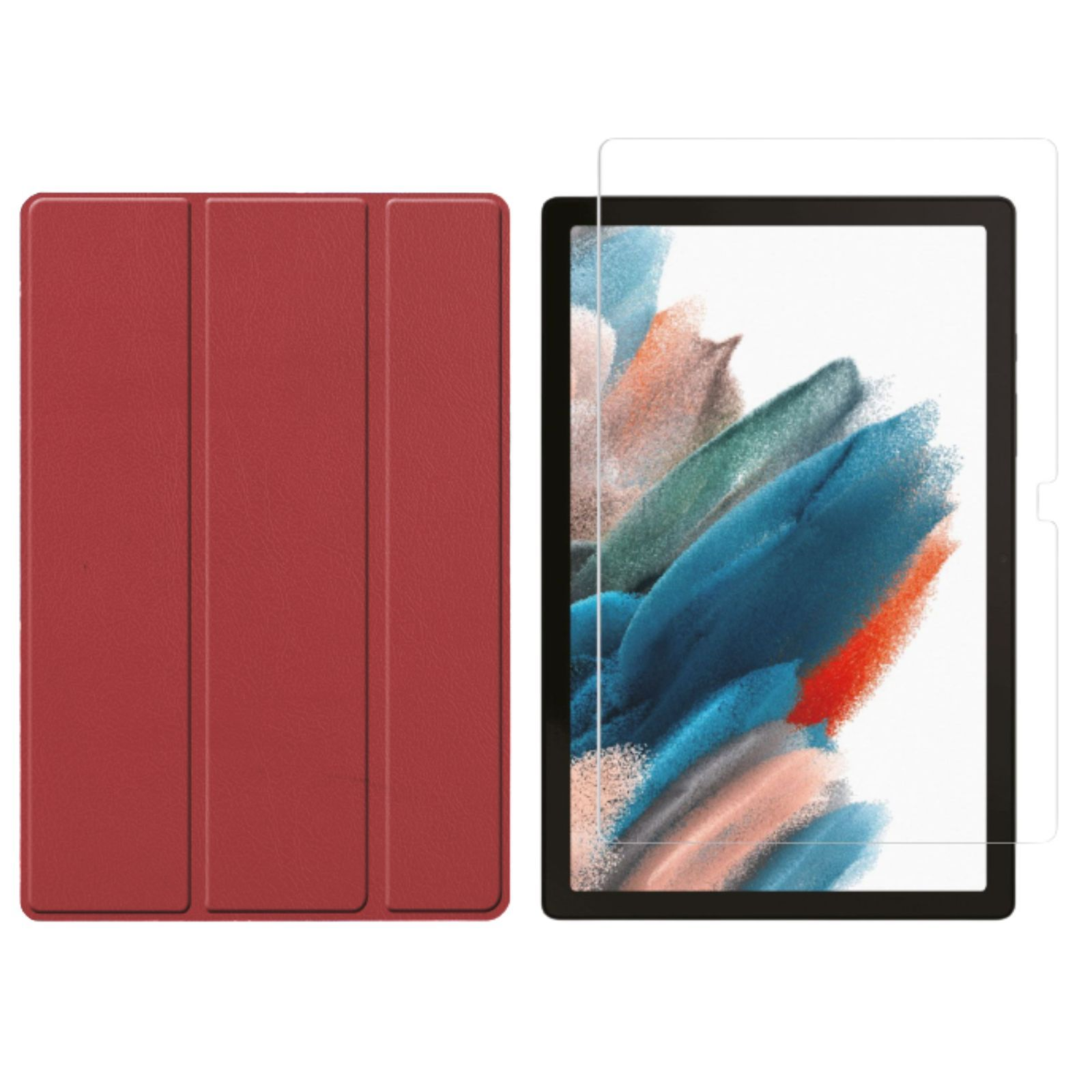 LOBWERK 2in1 Set (Schutzhülle Zoll Bookcover X205 10.5 + Weinrot Samsung Galaxy Tab Kunstleder, Schutzglas) Case für A8 SM-X200