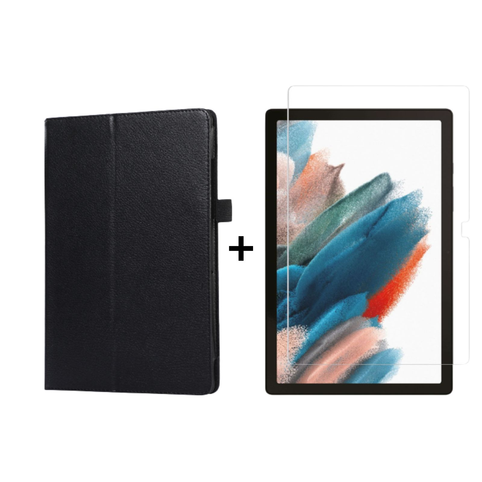 LOBWERK 2in1 Set + Kunstleder, Samsung Galaxy für Bookcover Zoll X205 10.5 (Schutzhülle Tab A8 SM-X200 Case Schutzglas) Schwarz