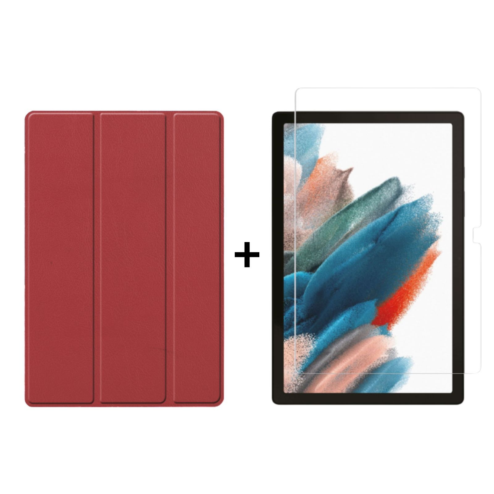 LOBWERK 2in1 Set (Schutzhülle Zoll Bookcover X205 10.5 + Weinrot Samsung Galaxy Tab Kunstleder, Schutzglas) Case für A8 SM-X200