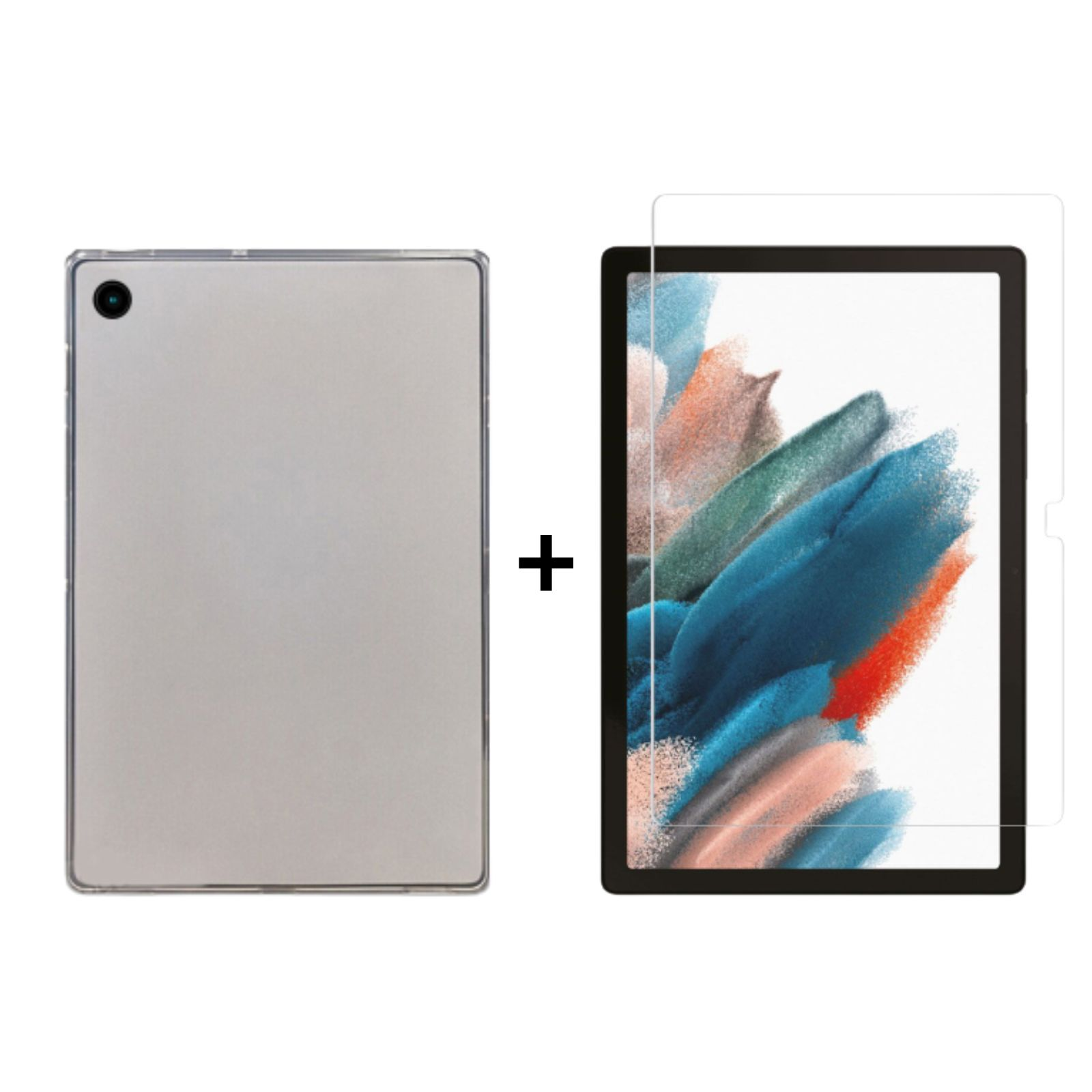 Tablet mit Hülle und Displayschutz. Der Bildschirm zeigt ein künstlerisches Design in Blau und Orange.