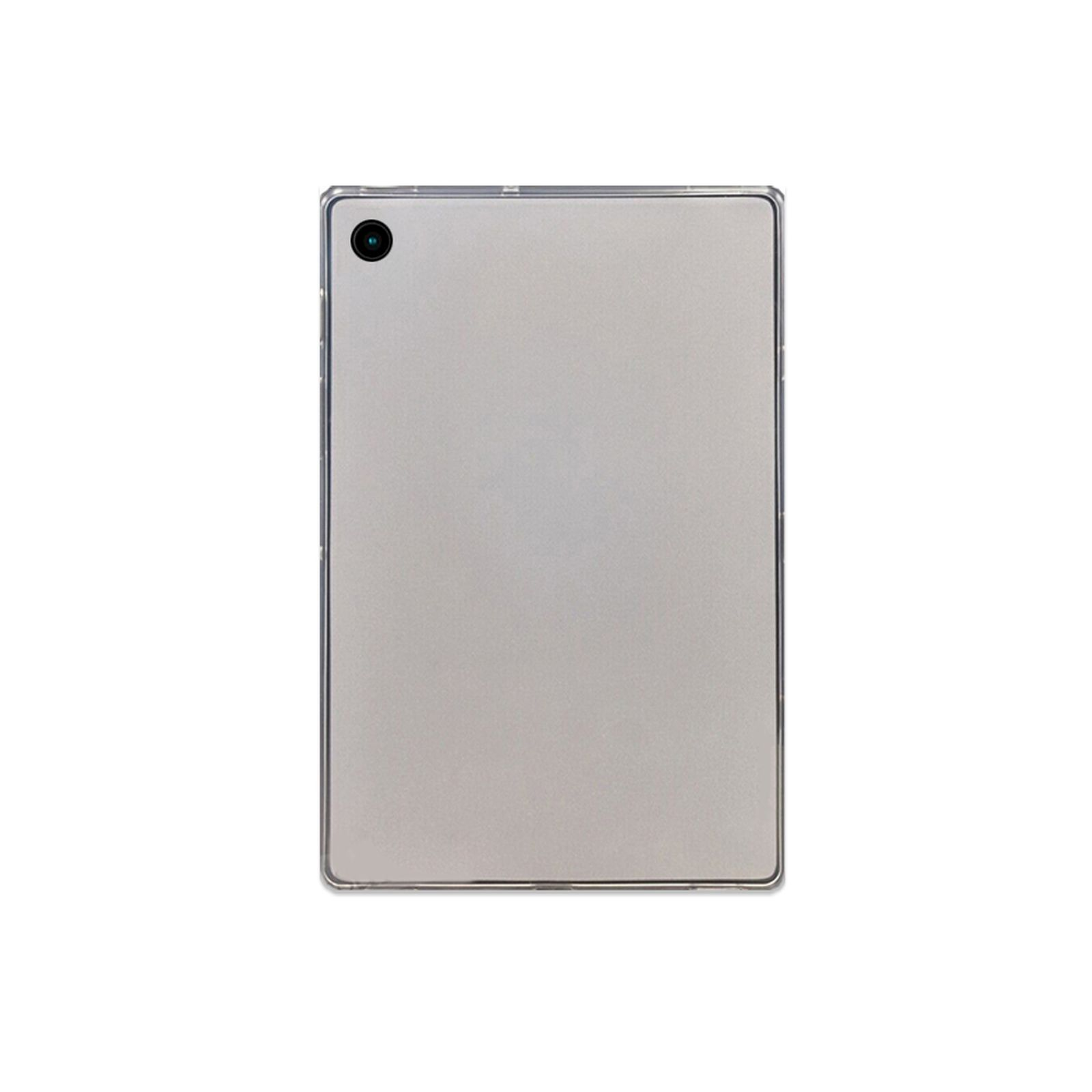Ein silbernes Tablet mit schwarzem Kameraobjektiv auf weißem Hintergrund.