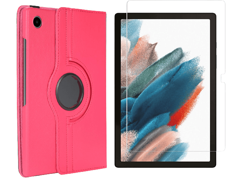 LOBWERK 2in1 Set (Schutzhülle + Schutzglas) Case Bookcover für Samsung Galaxy Tab A8 SM-X200 X205 10.5 Zoll Kunstleder, Pink