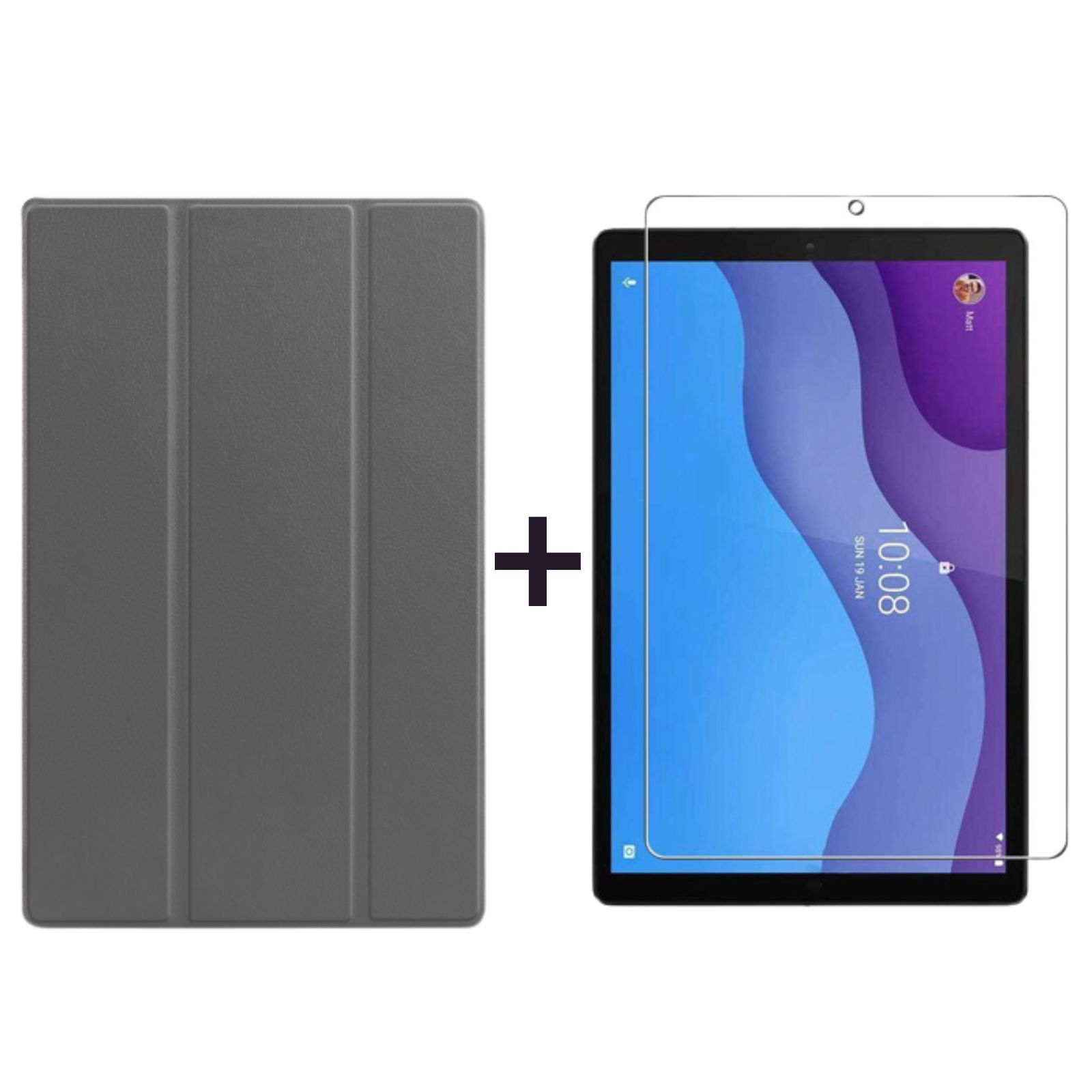 Tablet und Hülle mit Displayschutzfolie. Graue Hülle, schwarzes Tablet, weißer Hintergrund.