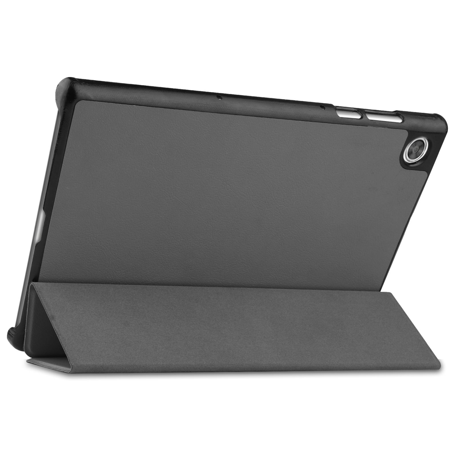 Tablet in grauem Gehäuse, stehend. Schwarze Kameralinse auf der Rückseite. Weißer Hintergrund.