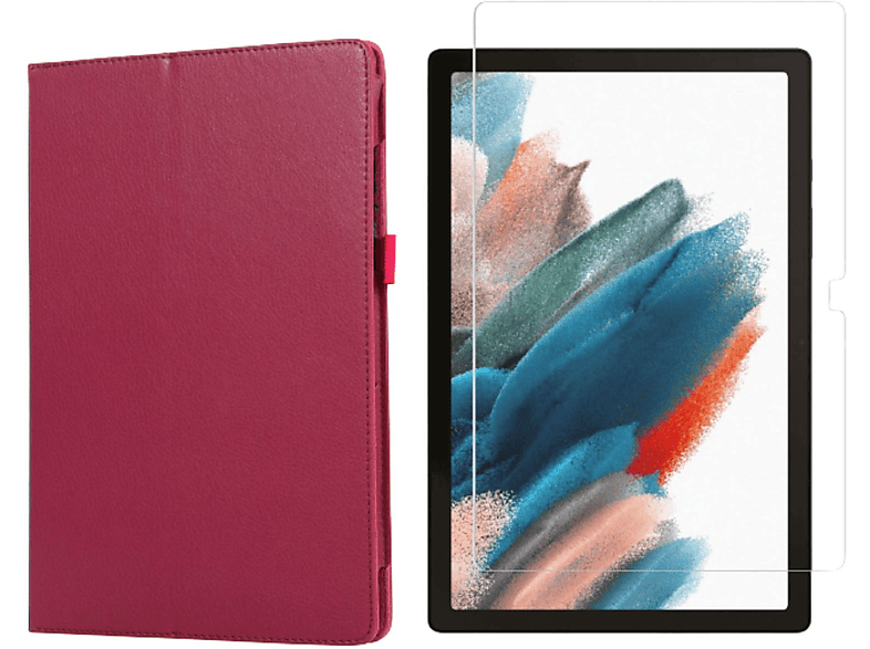 LOBWERK 2in1 Set (Schutzhülle + Schutzglas) Case Bookcover für Samsung Galaxy Tab A8 SM-X200 X205 10.5 Zoll Kunstleder, Pink