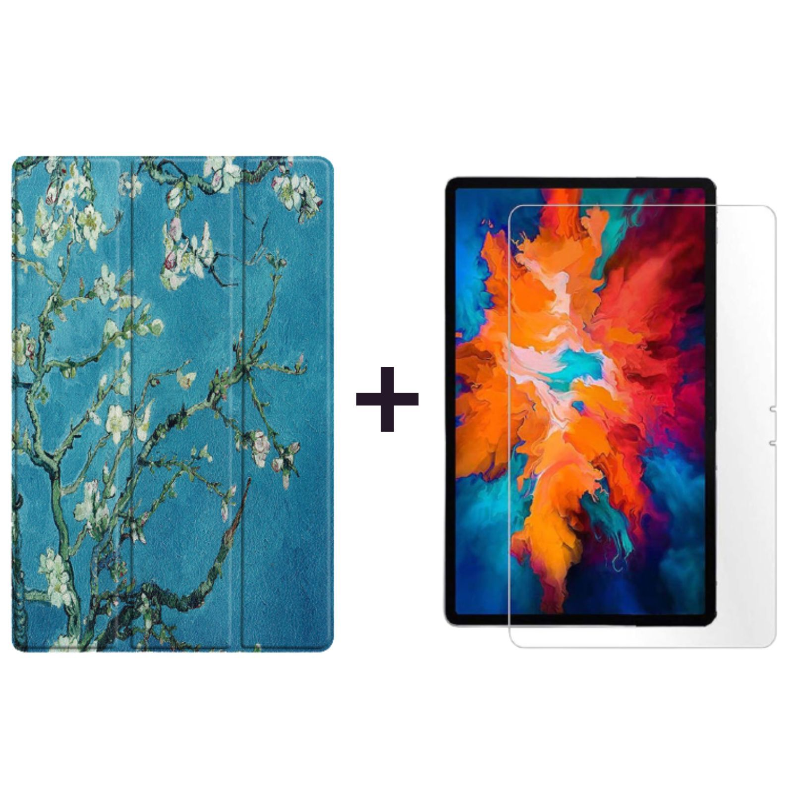 Eine Tablet-Hülle mit floralem Design und ein Tablet mit Displayschutz.