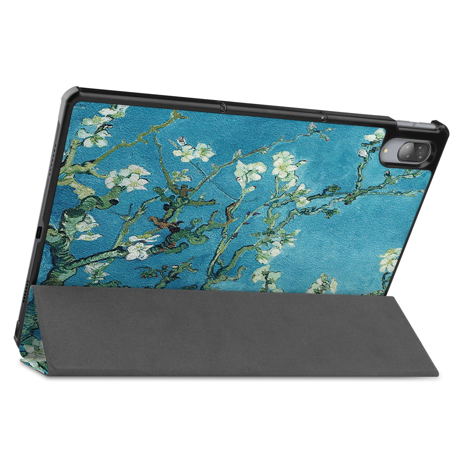 Ein Tablet mit einem Gemälde von Blumen auf der Rückseite, auf einem Tisch aufgestellt.