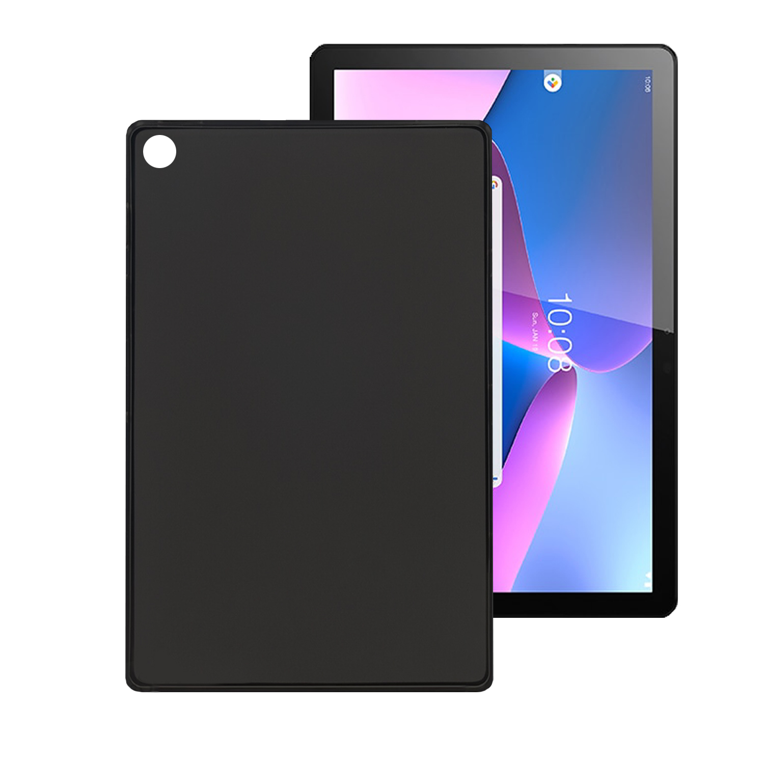 Schwarzes Tablet mit schwarzer Hülle und einem Bildschirm, der eine Benutzeroberfläche zeigt.