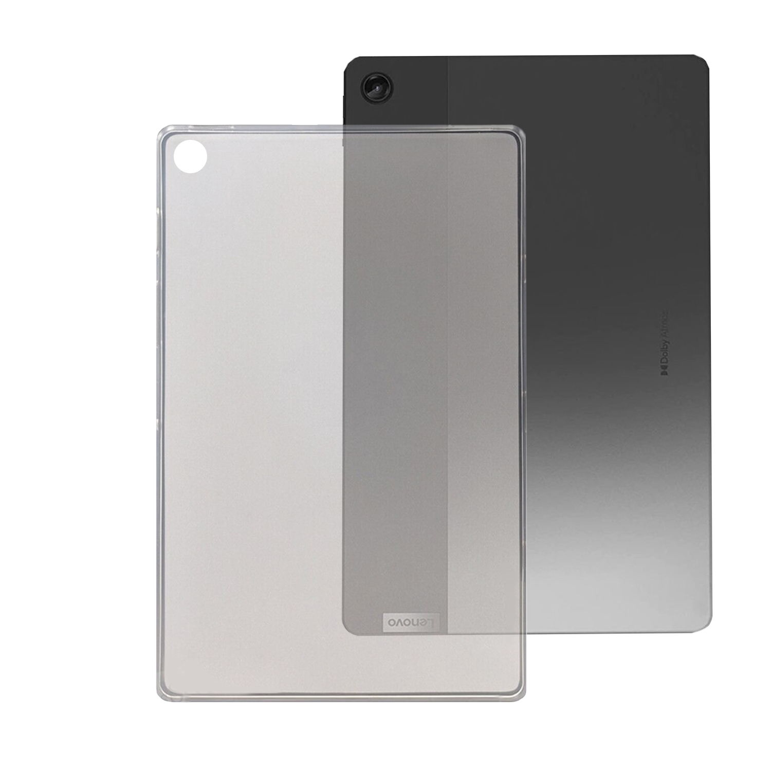Ein Tablet mit klarer Displayschutzfolie und ein anderes Tablet mit schwarzer Rückseite.