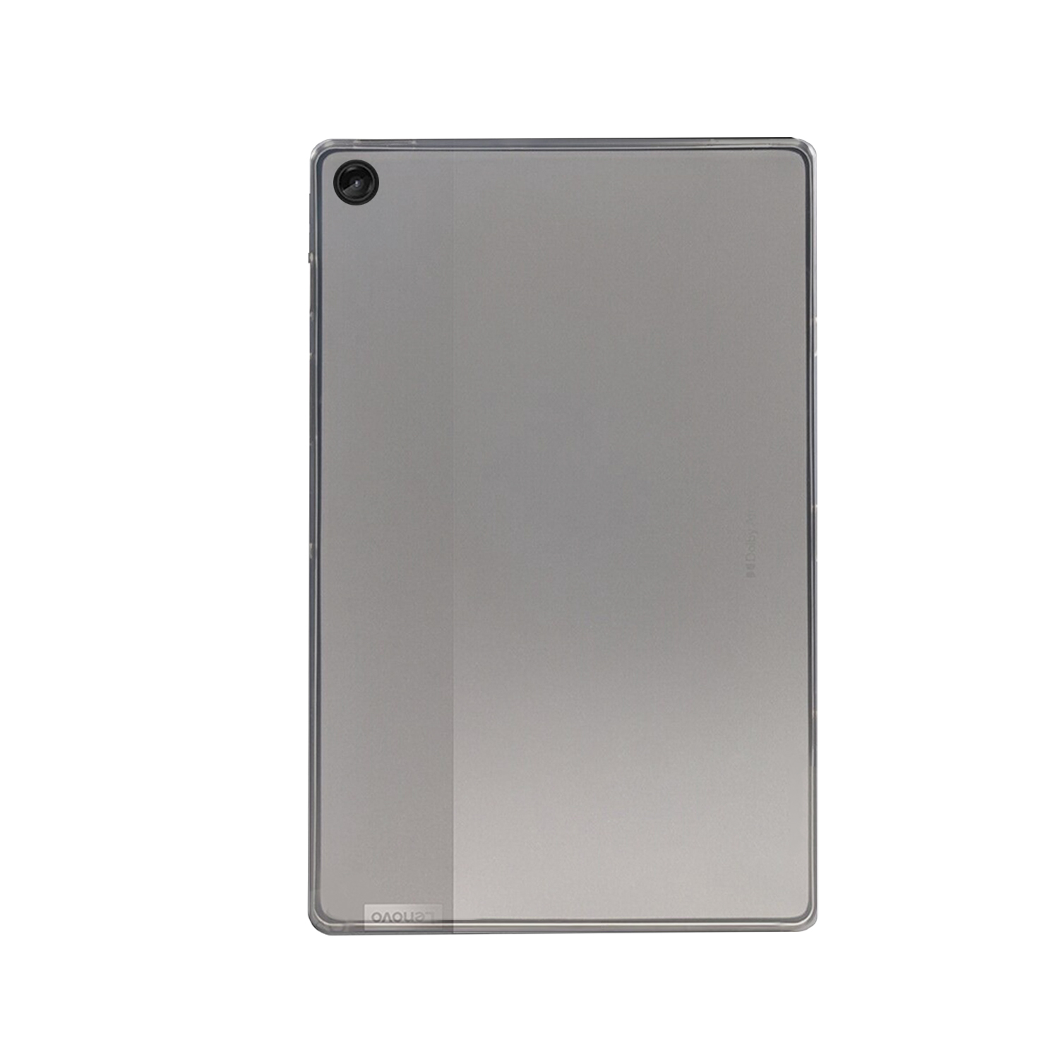 Ein graues Lenovo-Tablet mit schwarzem Rahmen von hinten auf weißem Hintergrund betrachtet.