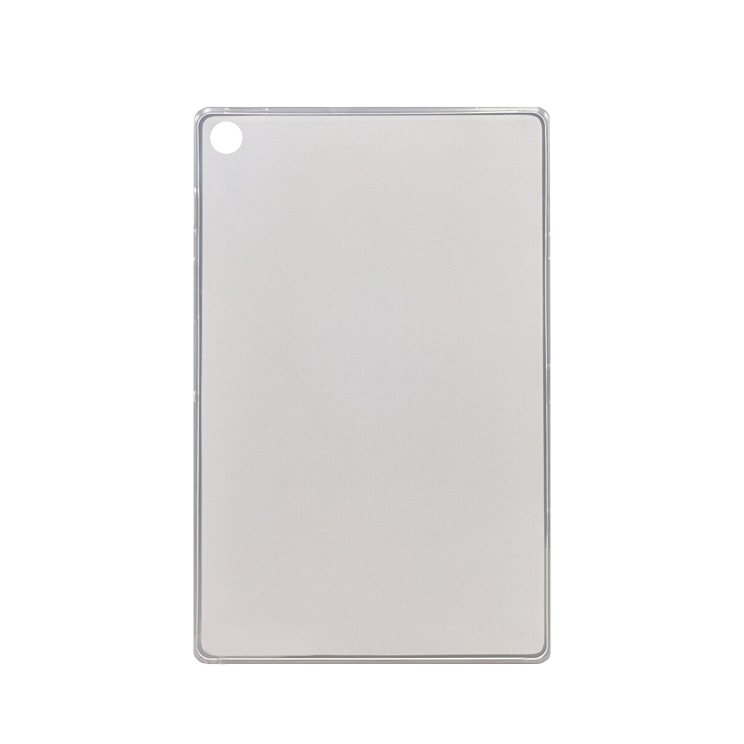 Ein schlichtes, hellgraues Tablet mit Kameralinse und einem Loch für eine Taste.