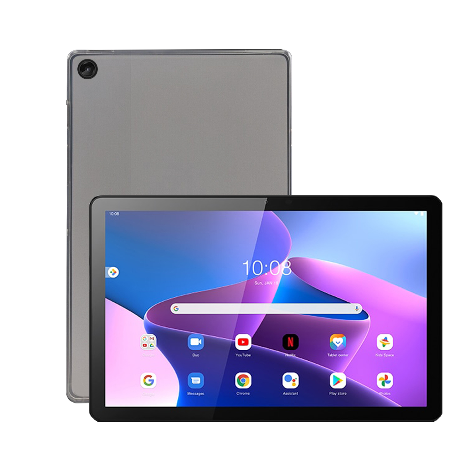 Silbernes Tablet mit schwarzem Bildschirm und Rückseite.
